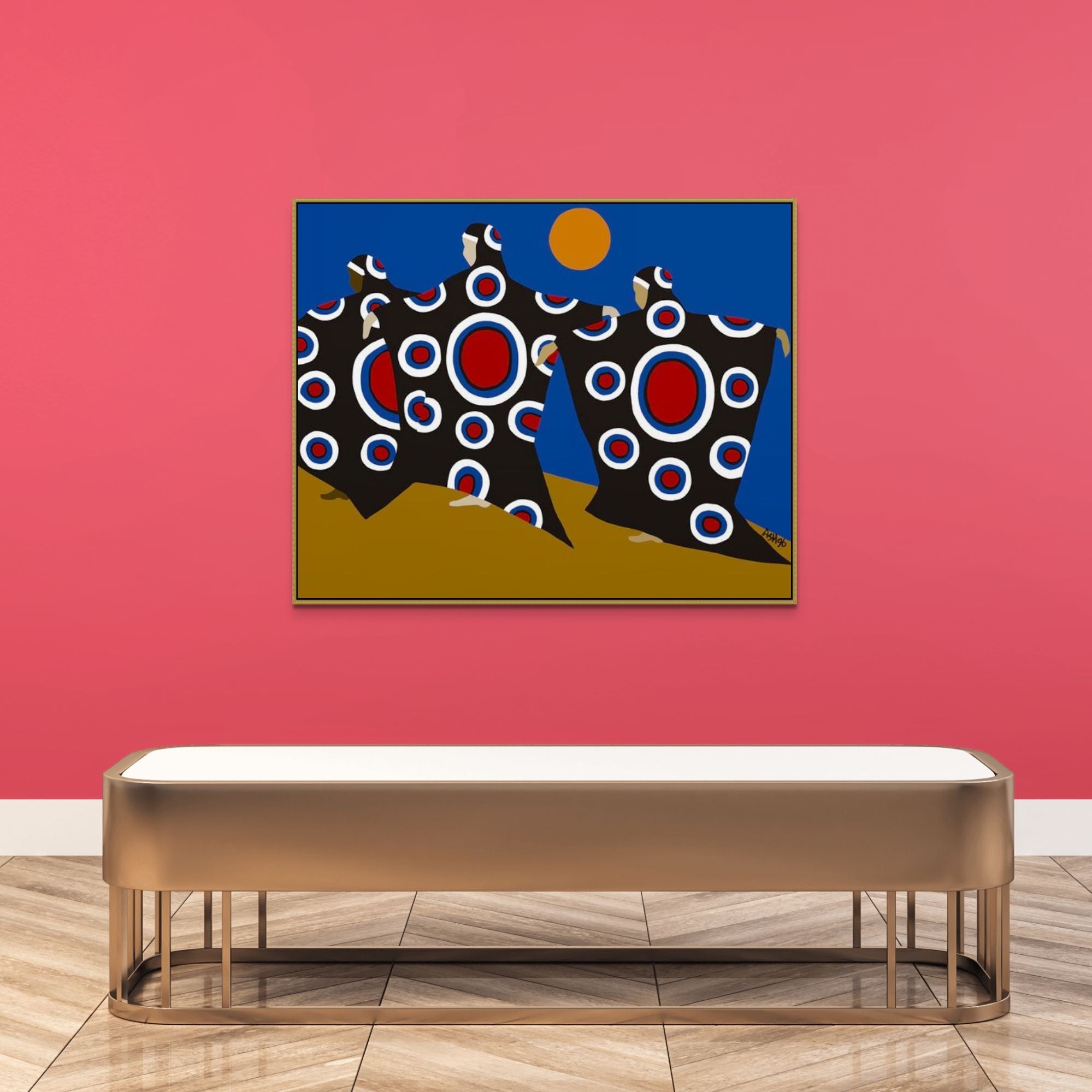 Dance of the Dougla - Framed Stretched canvas Black Cultural Dance Art print  - hung on pink gallery wall