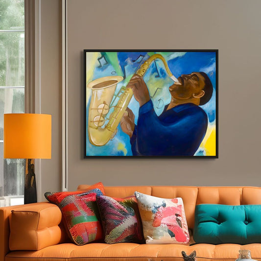 Groovin' -  Framed Canvas Print - Art for Jazz Music lovers -  Black Saxophone player artwork