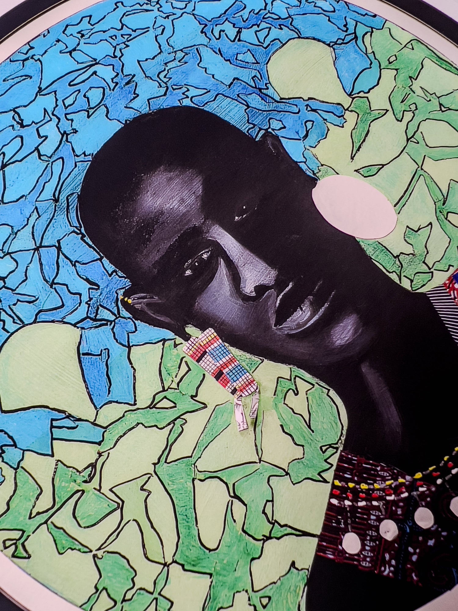 Masai Warrior Art - Acrylic mixed media painting - man detail