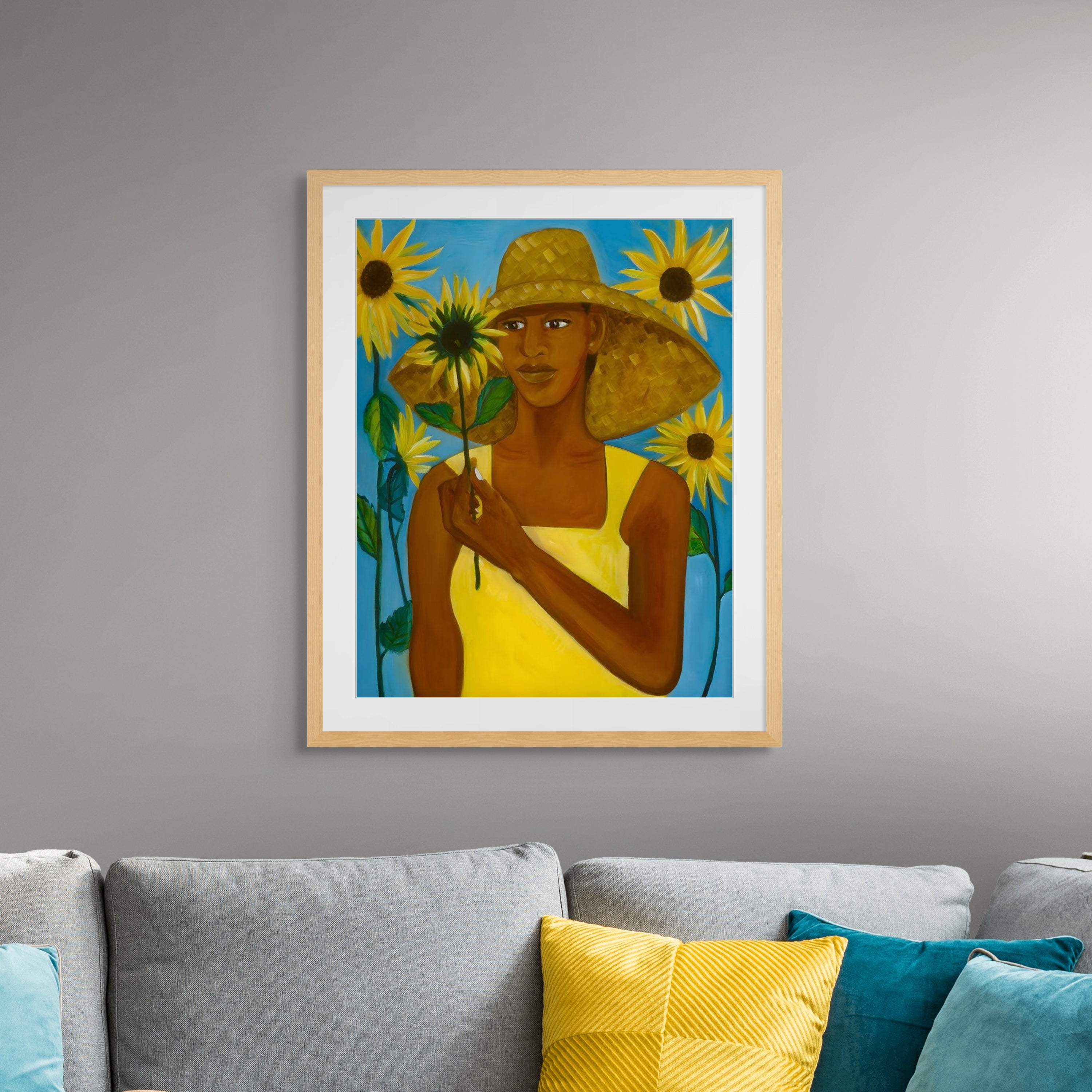Girl With Sunflower - Fine Art Print - african american artists contemporary - hung on wall