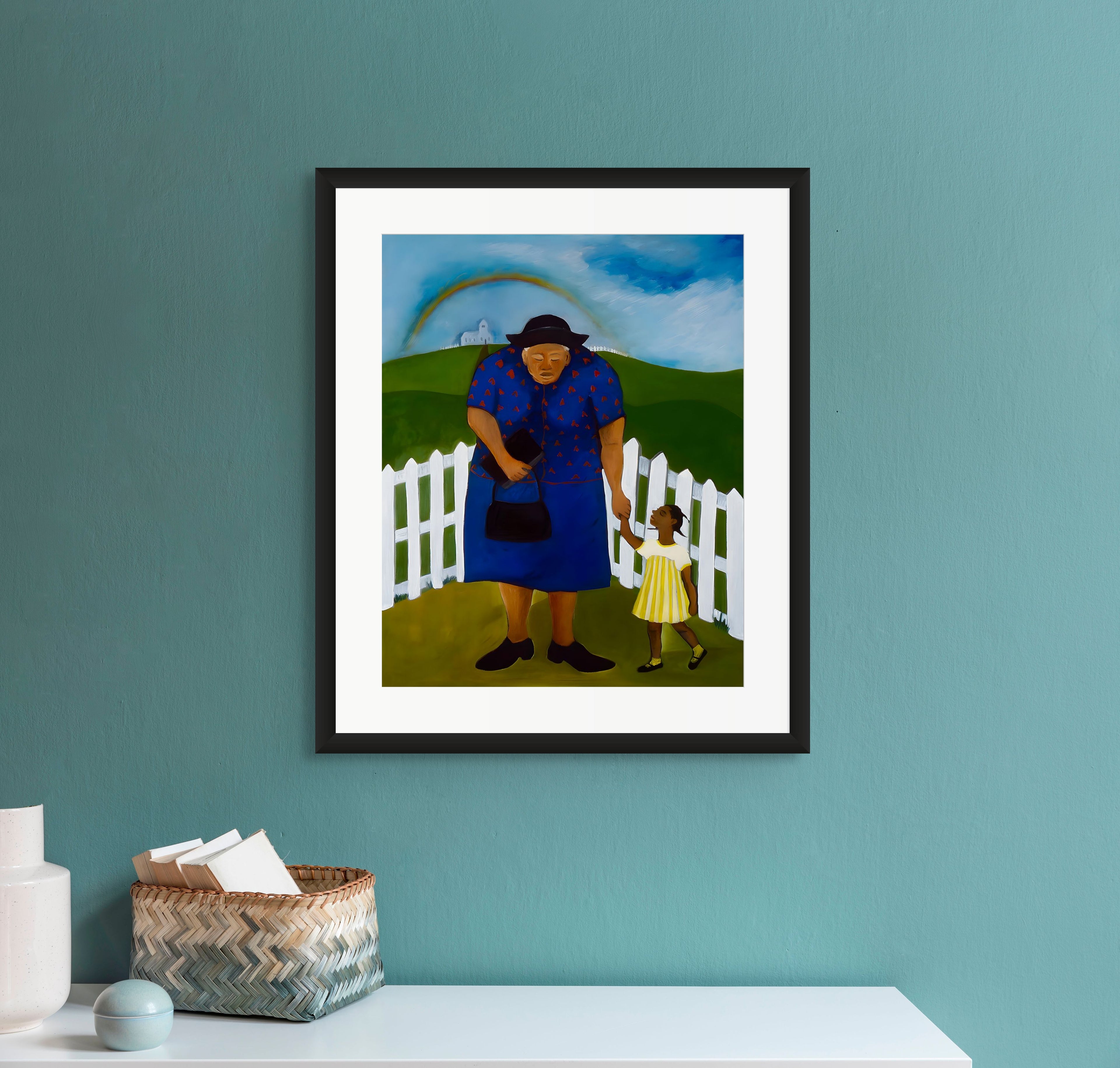 Goin' to Church - African American Faith Artwork - framed in black wood , hung on a blue green wall