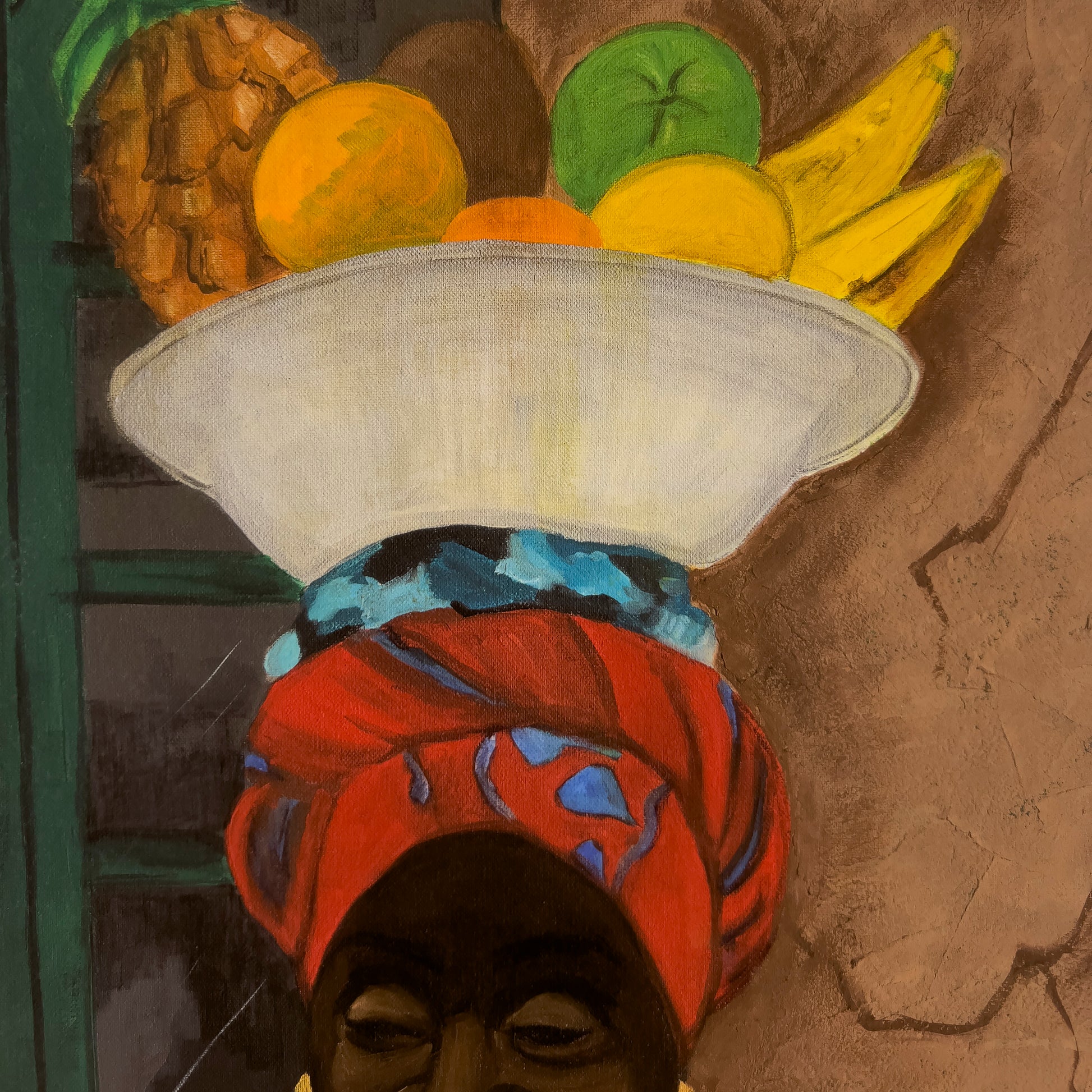 Hey Lady - Tropical Themed Art print - artwork detail of fruit on the subjects head