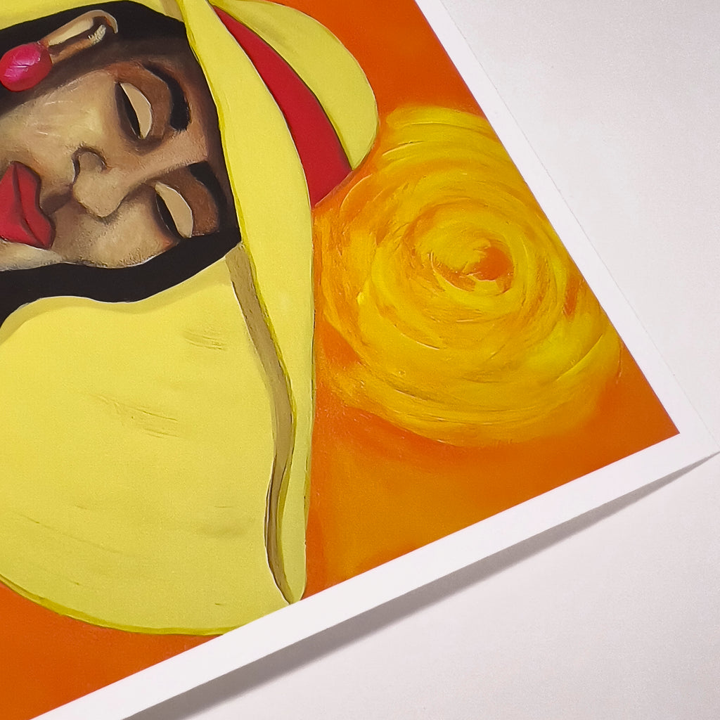 Lady In Red -  portrait of a black woman - textured orange sun detail