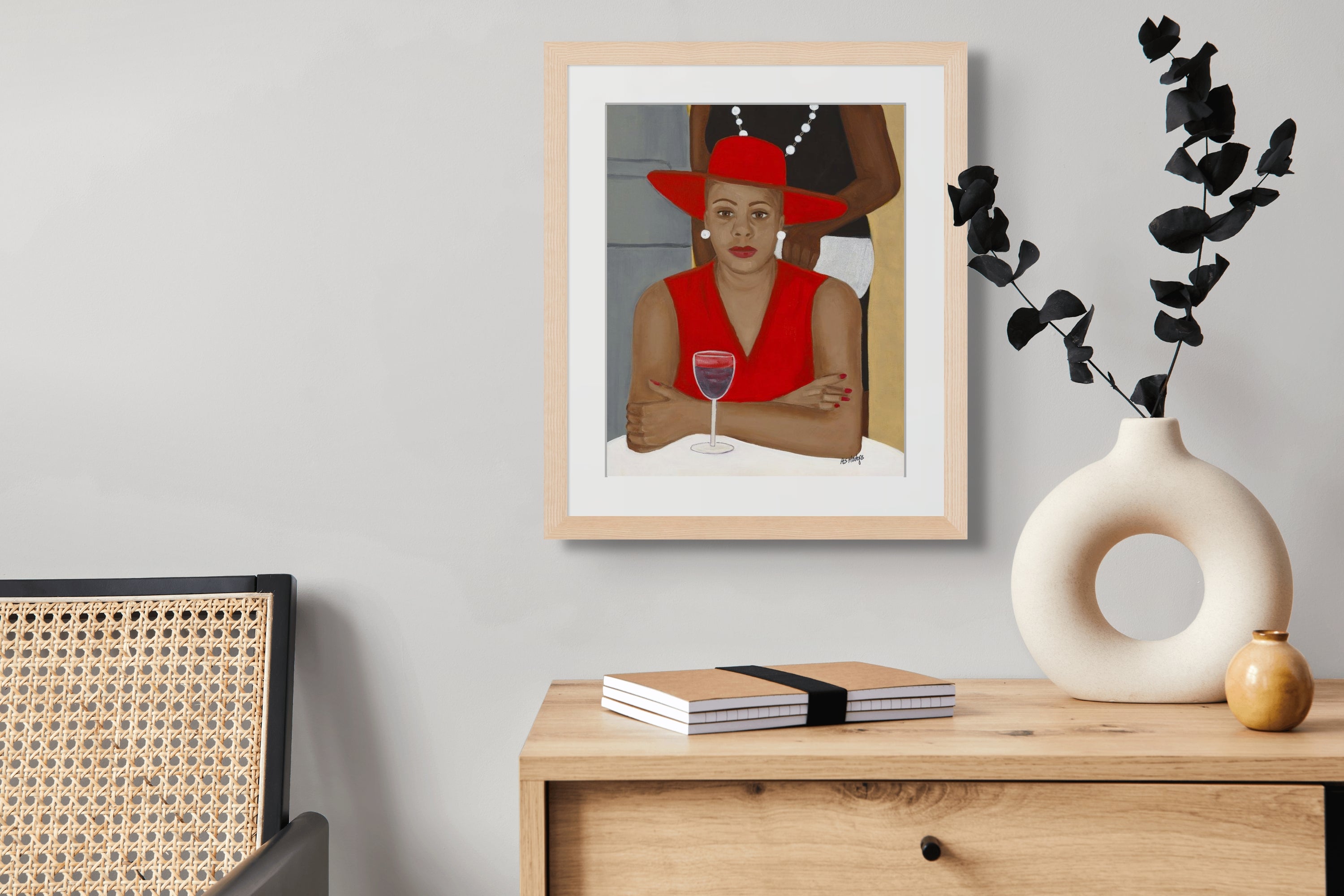 Pearls - Red hat fine art print - print framed in white wood