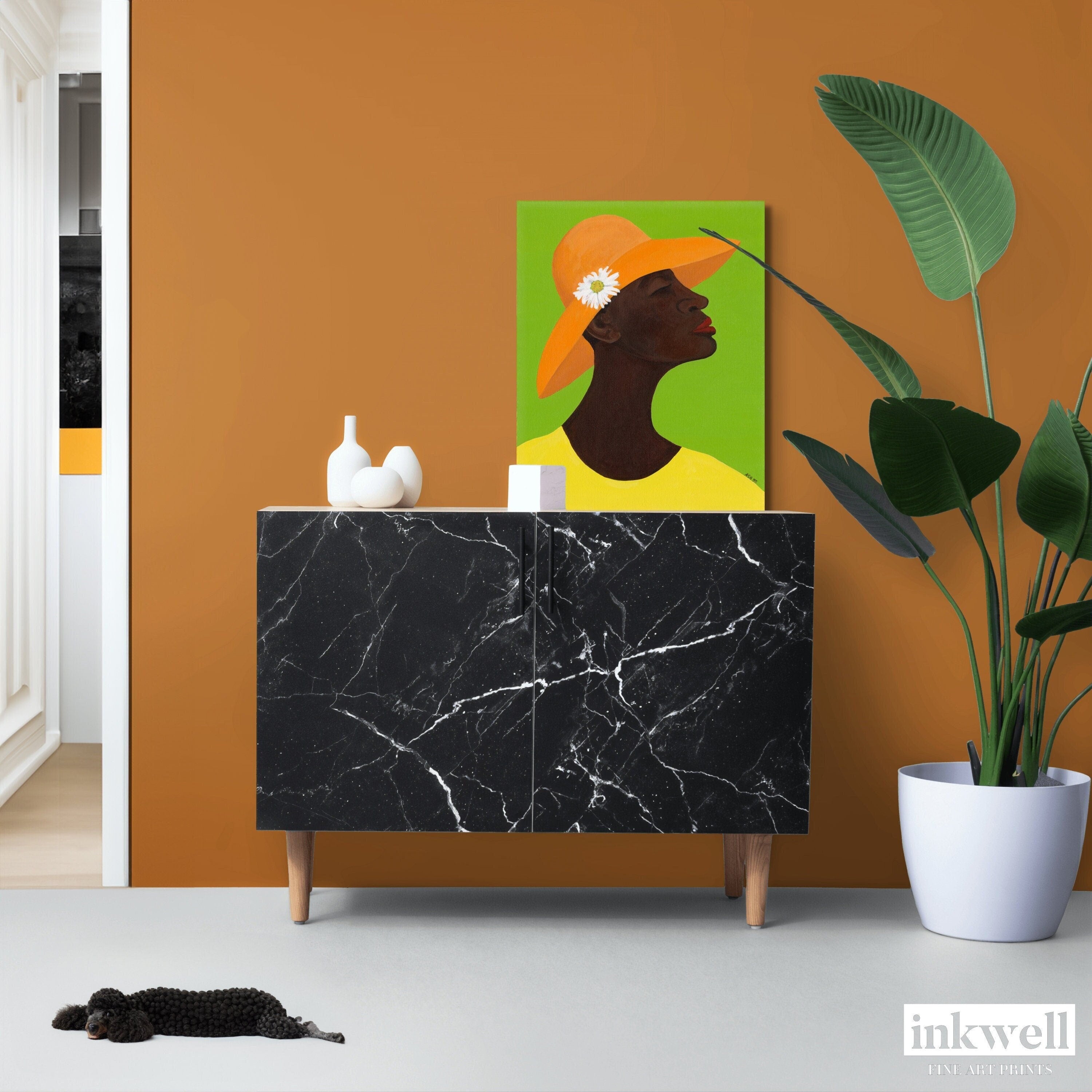 Annabelle's New Hat - Stretched Canvas Print - soulful art - displayed on black marble cabinet