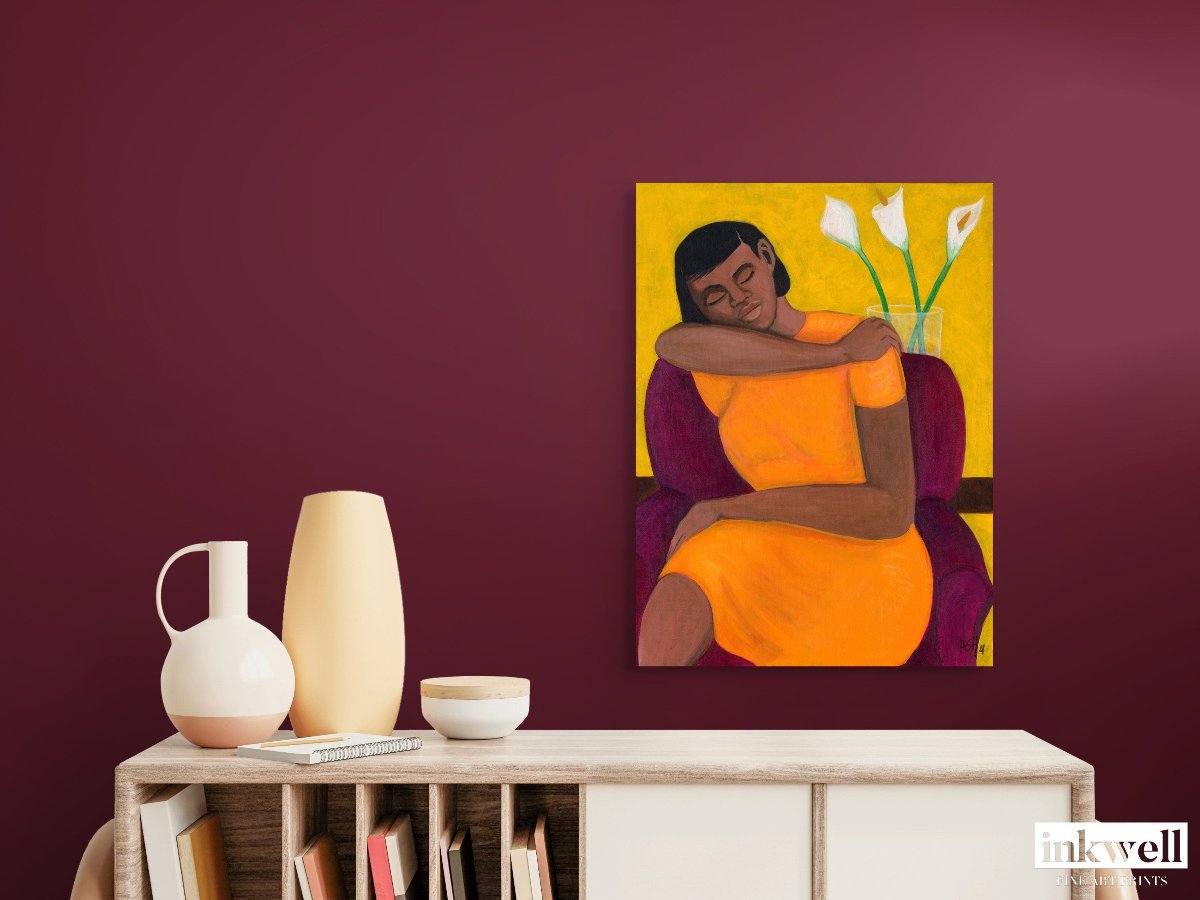 A stunning portrayal of feminine energy in A Quiet Moment - Stretched Canvas Print, highlighting a woman in tranquil reflection with warm, vibrant hues.