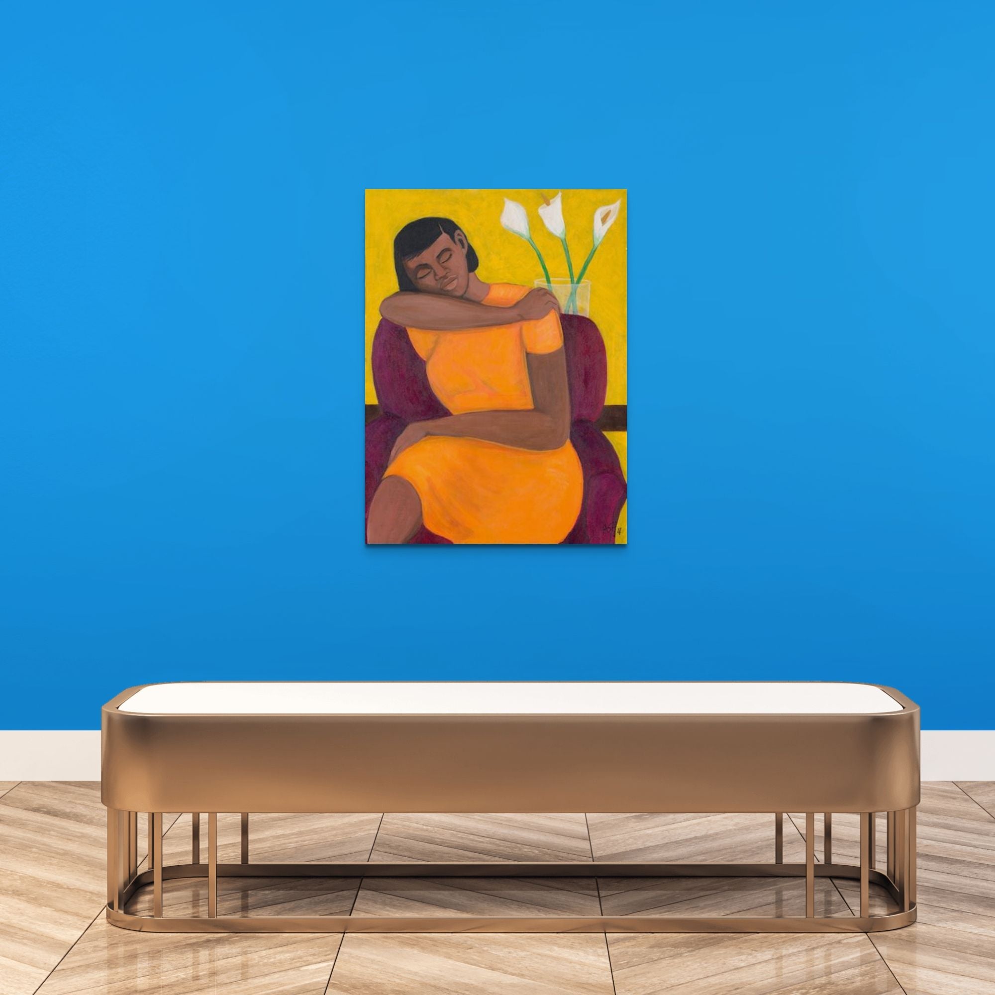 A Quiet Moment - Stretched Canvas Print exuding feminine energy, with a woman embracing herself in a vibrant orange dress beside calla lilies.