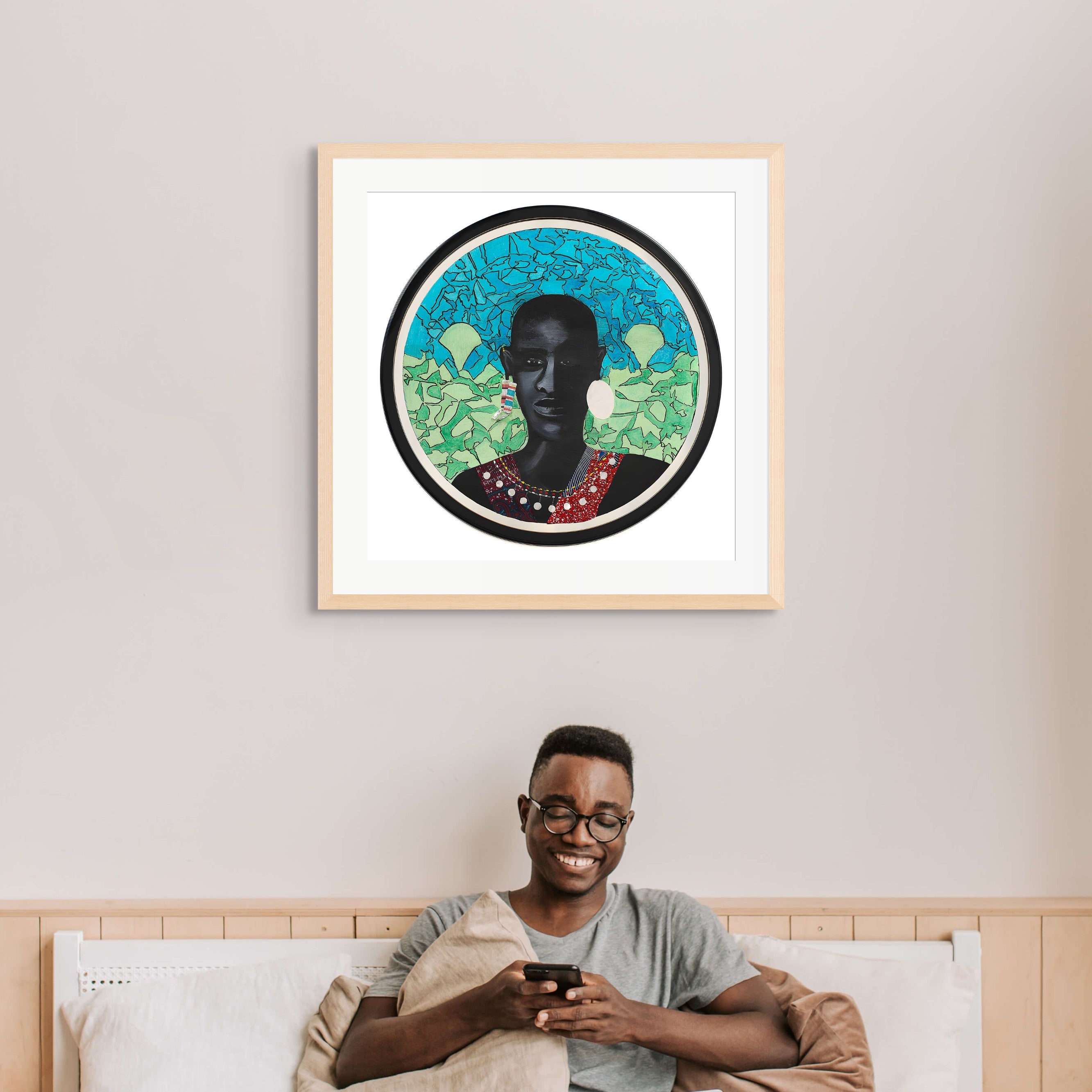 Maasai Warrior framed giclee print — full artwork, African heritage mixed media art by Antionette Simmons Hodges