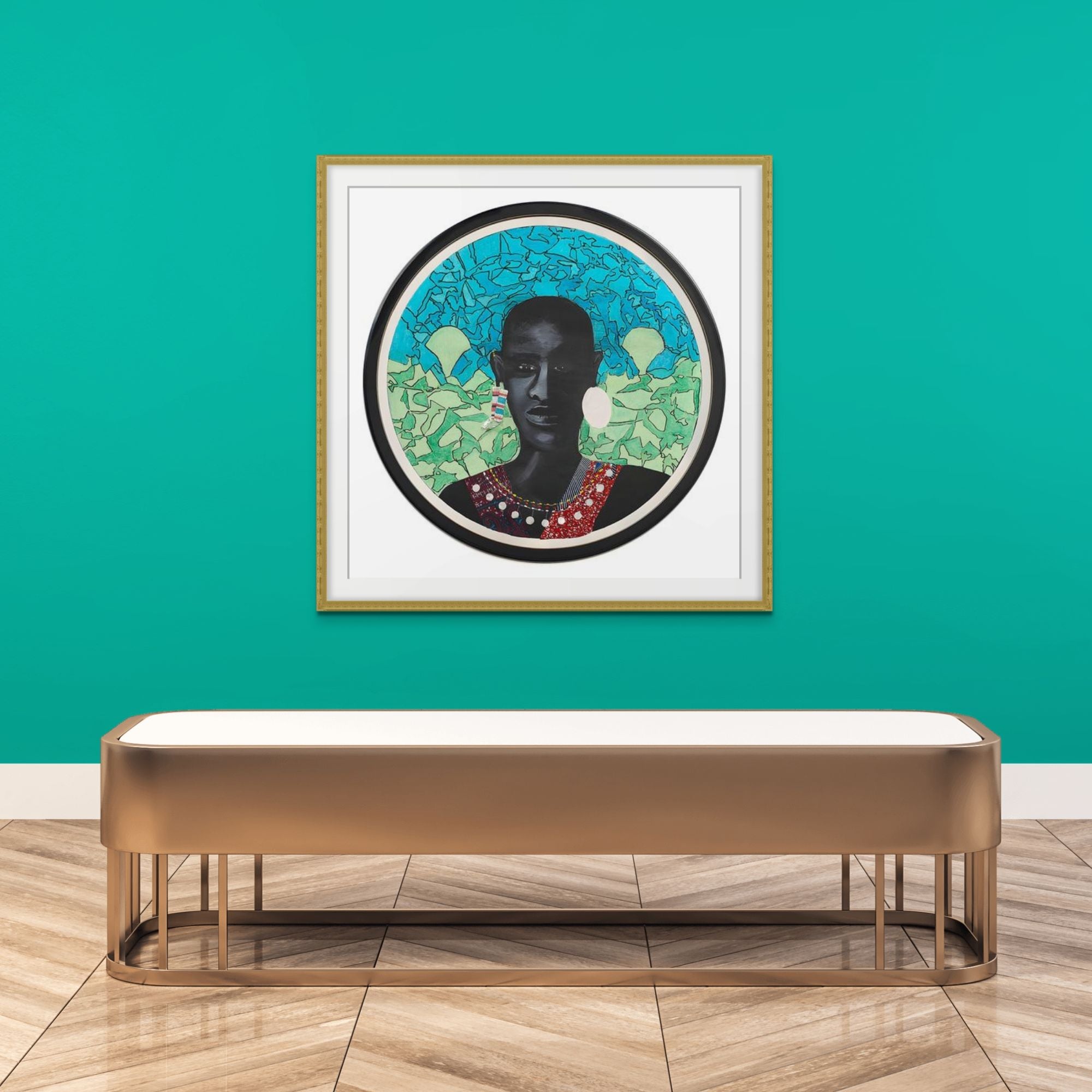 Maasai Warrior framed giclee print — lifestyle view, African heritage art by Antionette Simmons Hodges