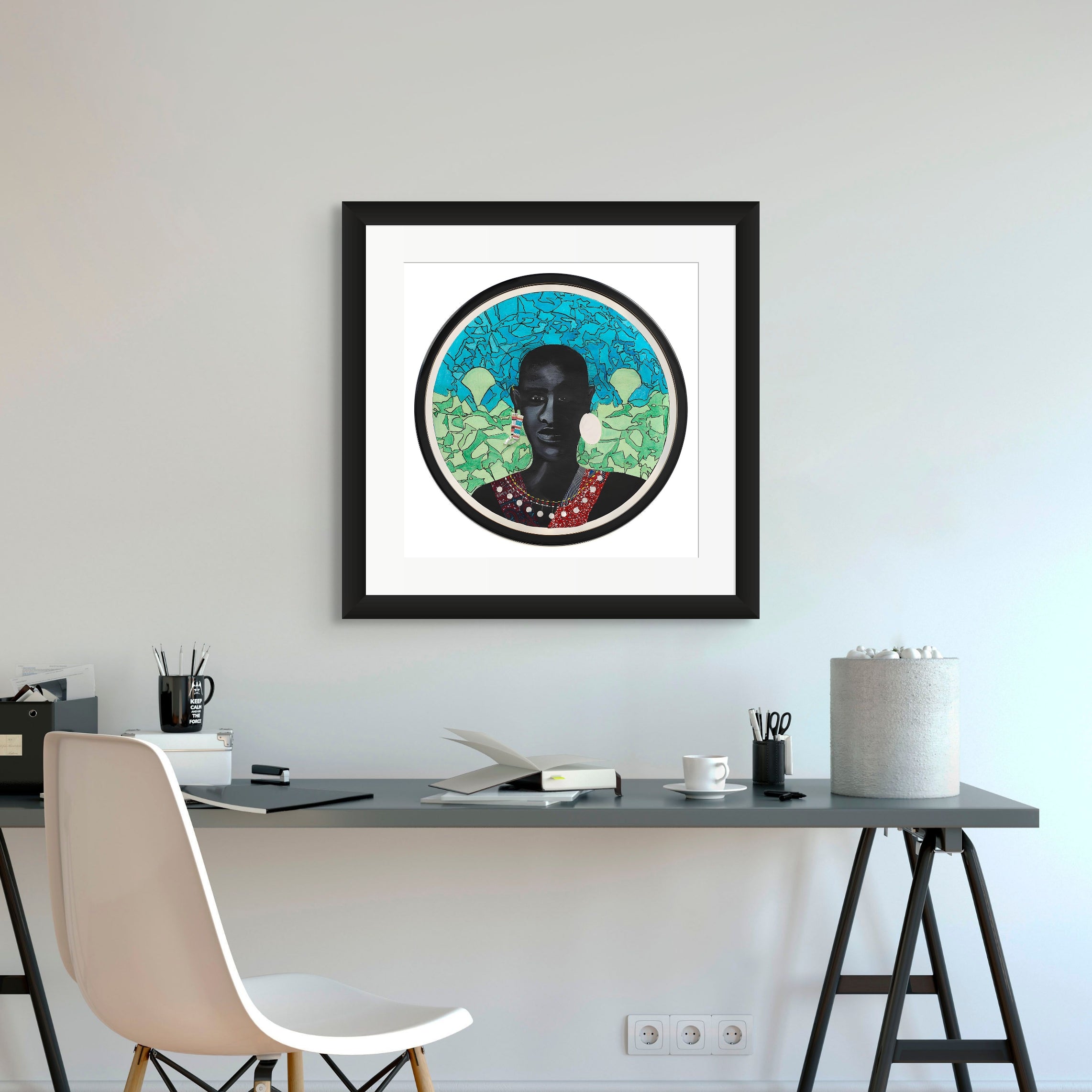 Maasai Warrior framed giclee print — lifestyle view, African heritage art by Antionette Simmons Hodges