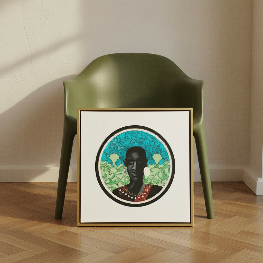 Maasai Warrior framed canvas print gold frame with olive chair leaning on floor — African heritage art