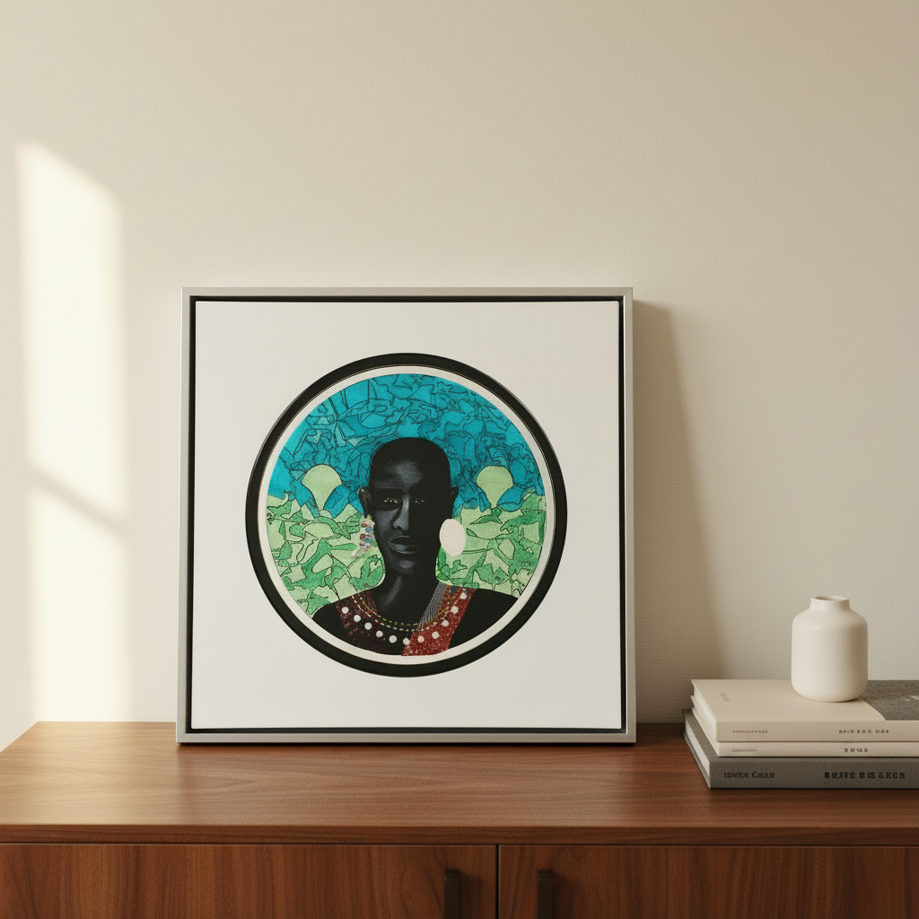 Maasai Warrior framed canvas print silver frame on sideboard with books and vase — African art