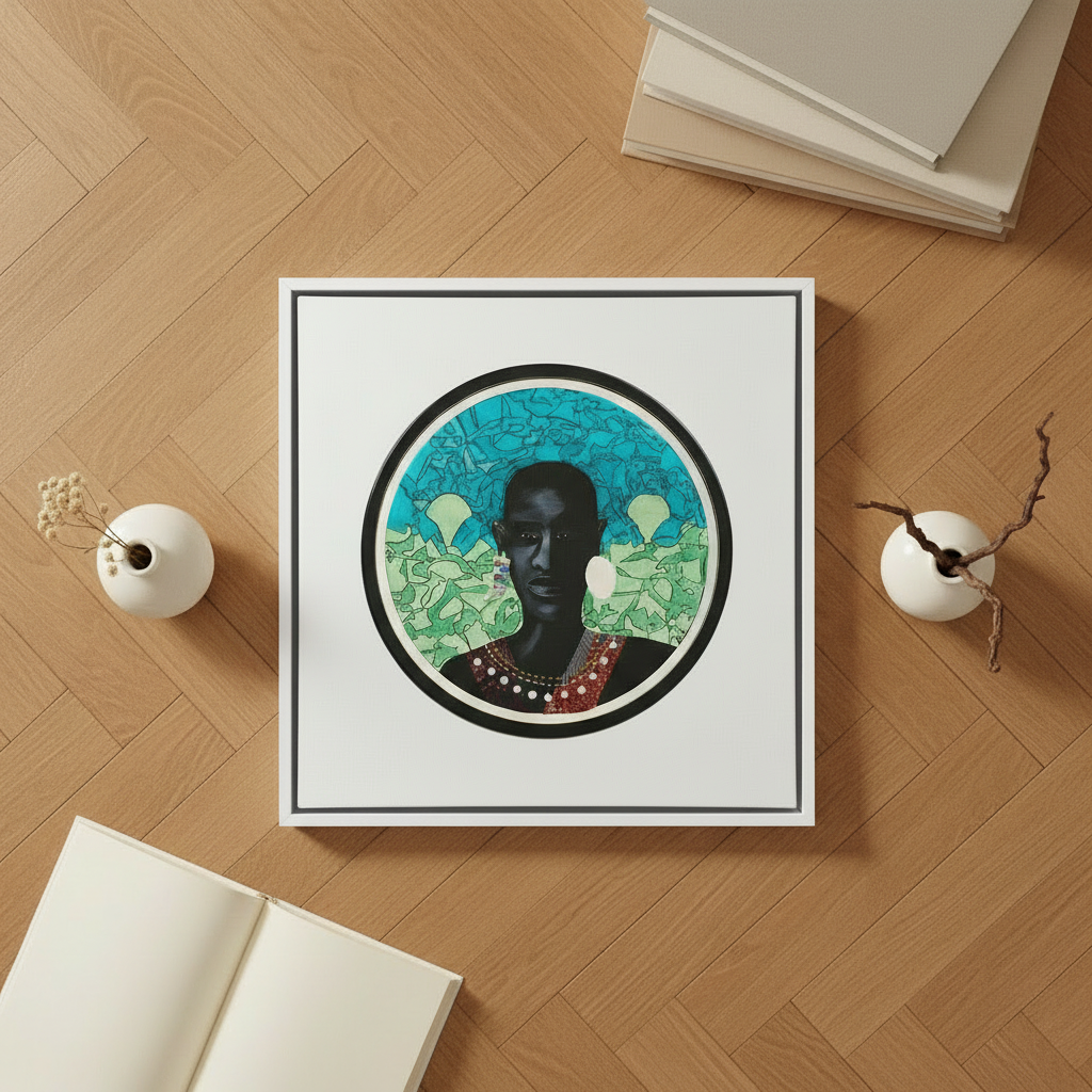 Maasai Warrior framed canvas print white frame bird's eye herringbone floor with ceramics — African art