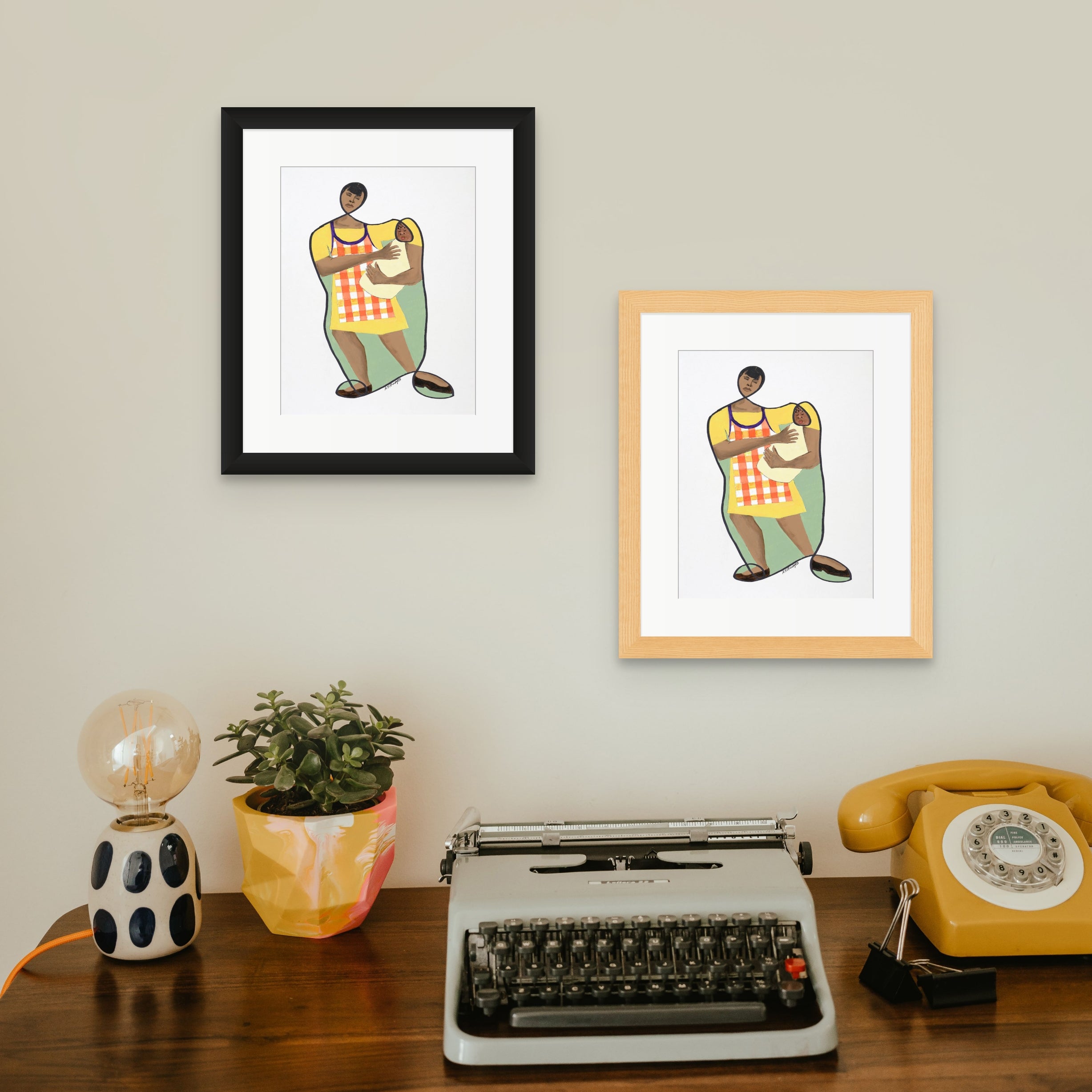 Mama's Little Baby continuous line print, framed in black and oak — Black motherhood art