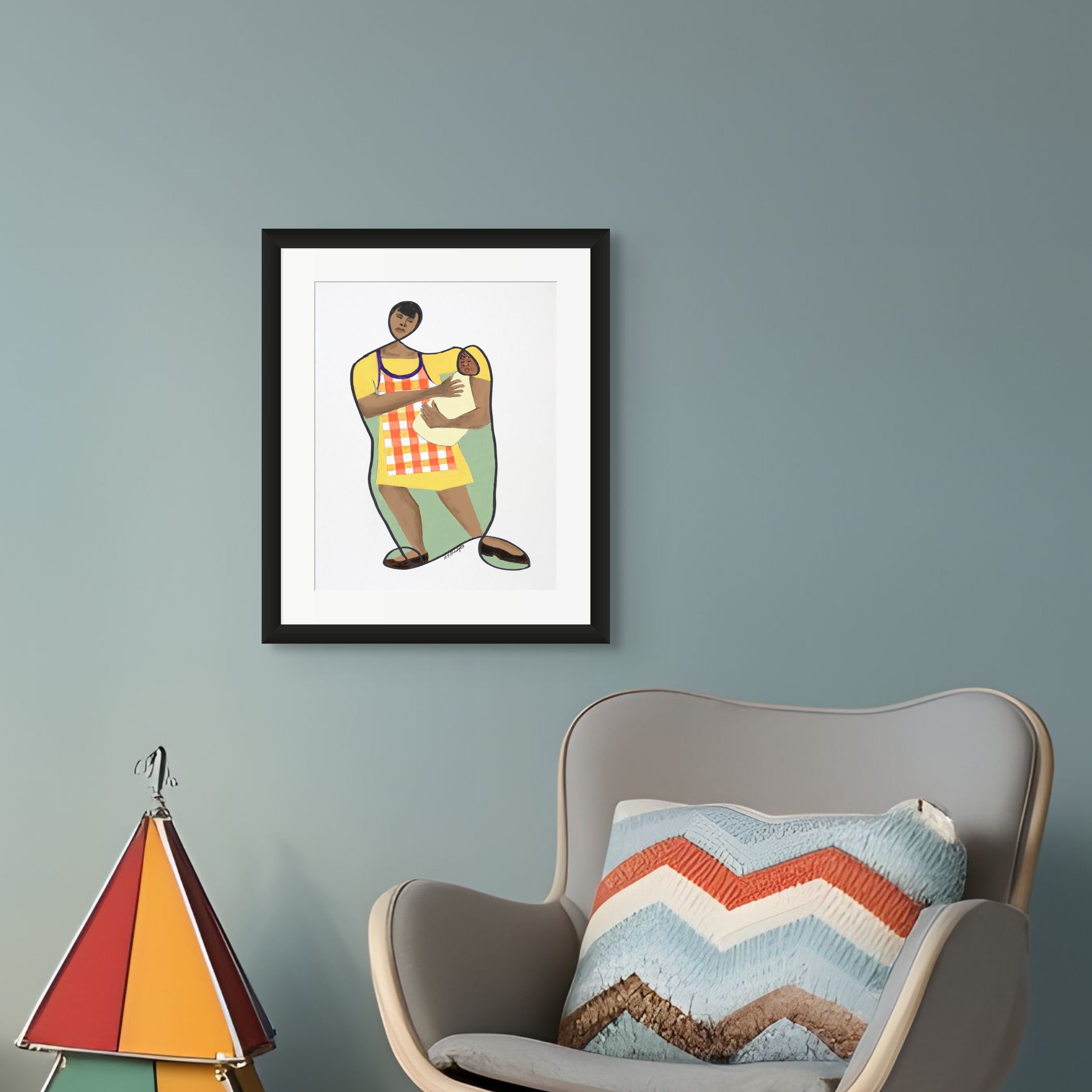 Mama's Little Baby continuous line print framed in black — Black motherhood nursery art