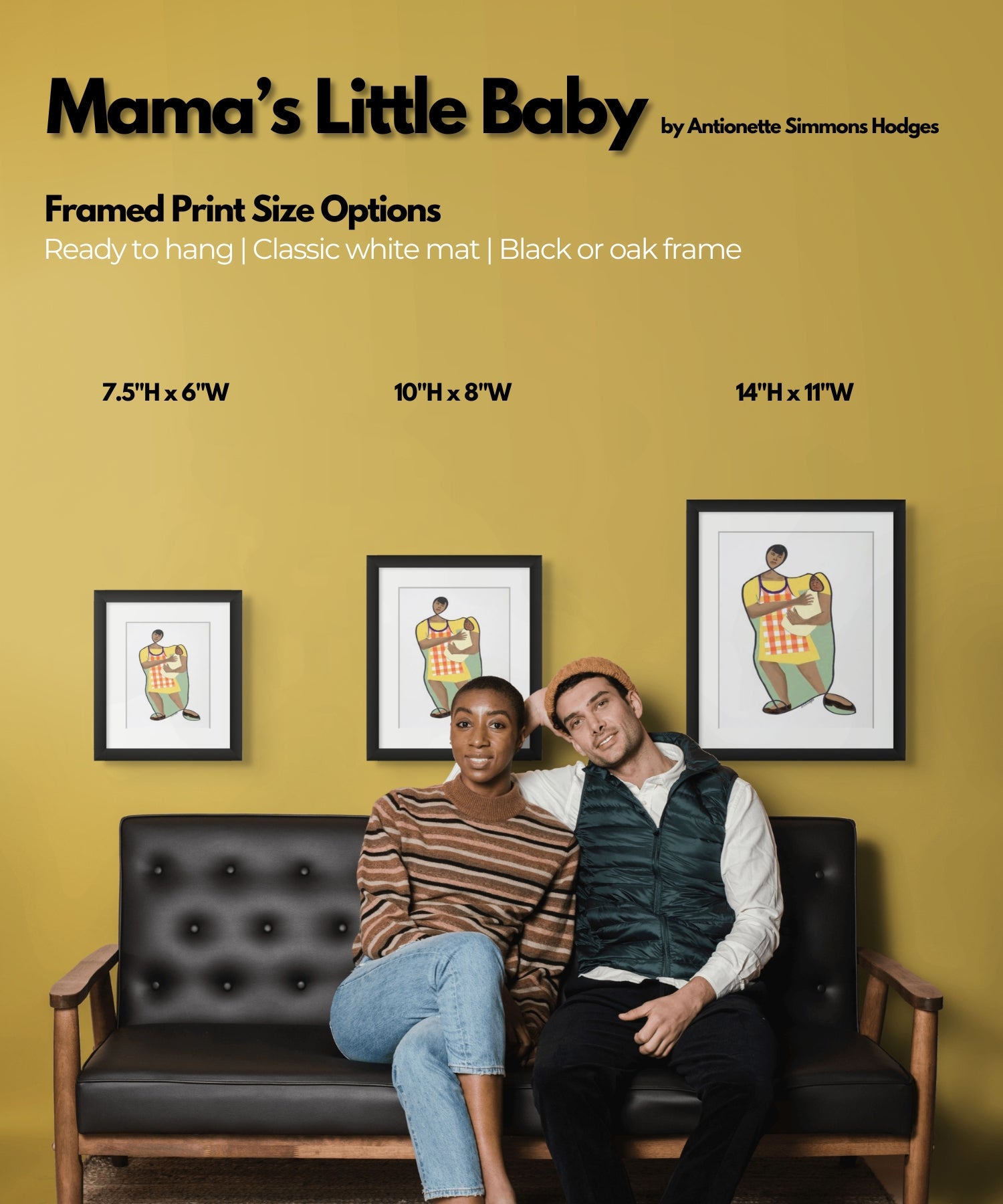 Mama's Little Baby continuous line print, 3 framed sizes shown — Black motherhood art