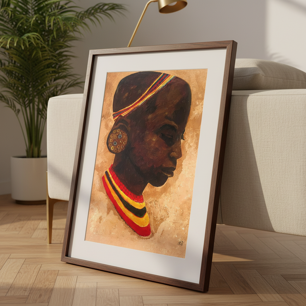 Mariama framed giclee print in espresso frame, ivory boucle chair styling — African heritage art