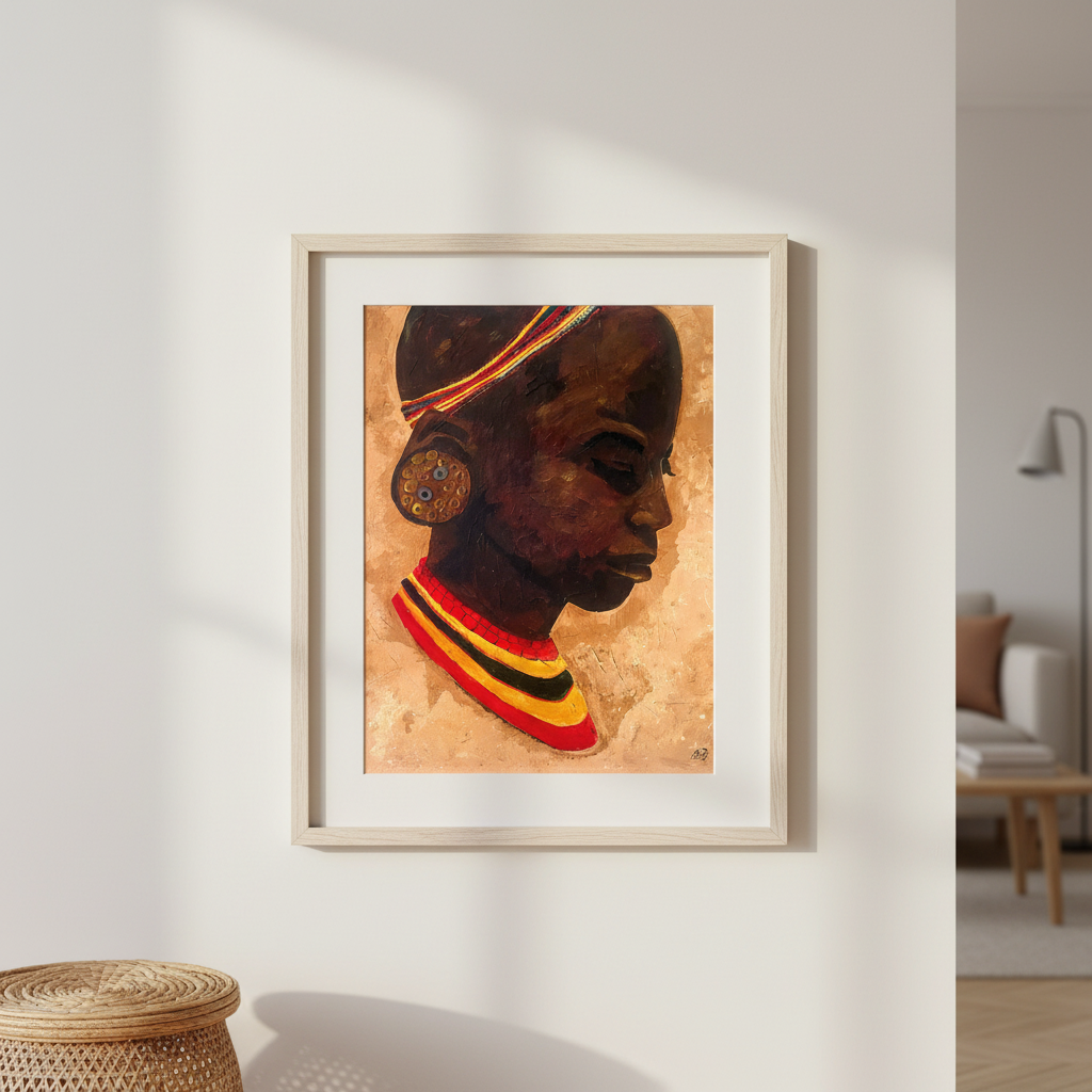 Mariama framed giclee print wall display in golden hour light — African heritage portrait art