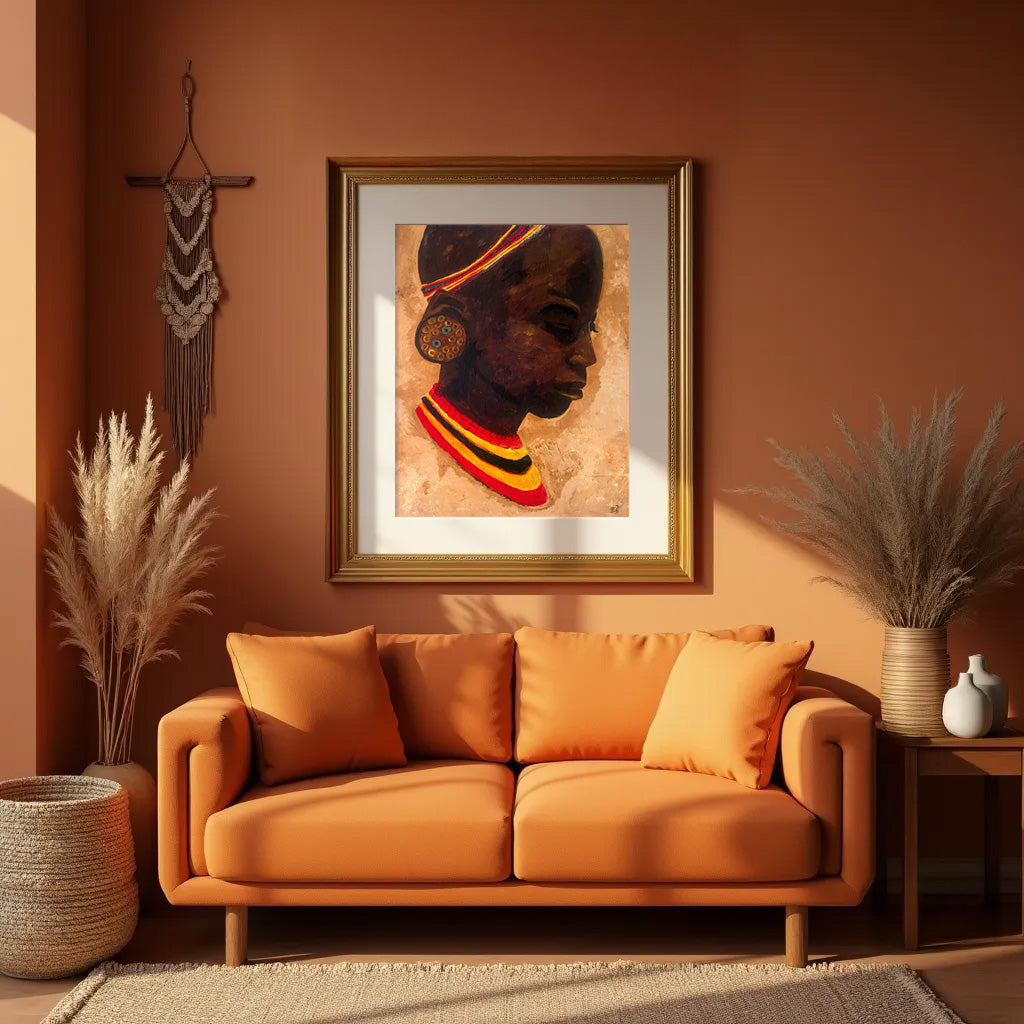 Mariama framed giclee print above an orange sofa with decorative pillows — African heritage art