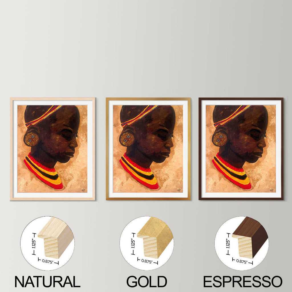 African girl print shown framed in natural, gold , espresso wood frames with white mat