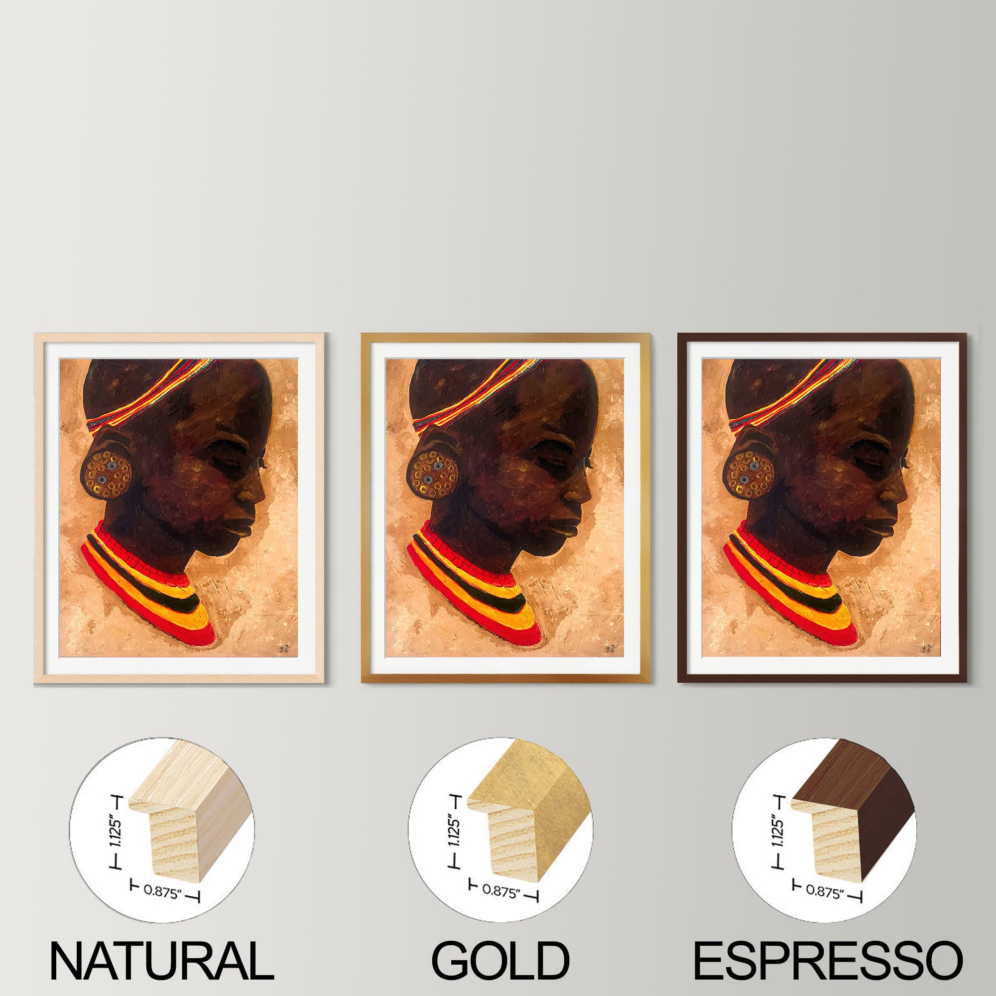African girl print shown framed in natural, gold , espresso wood frames with white mat