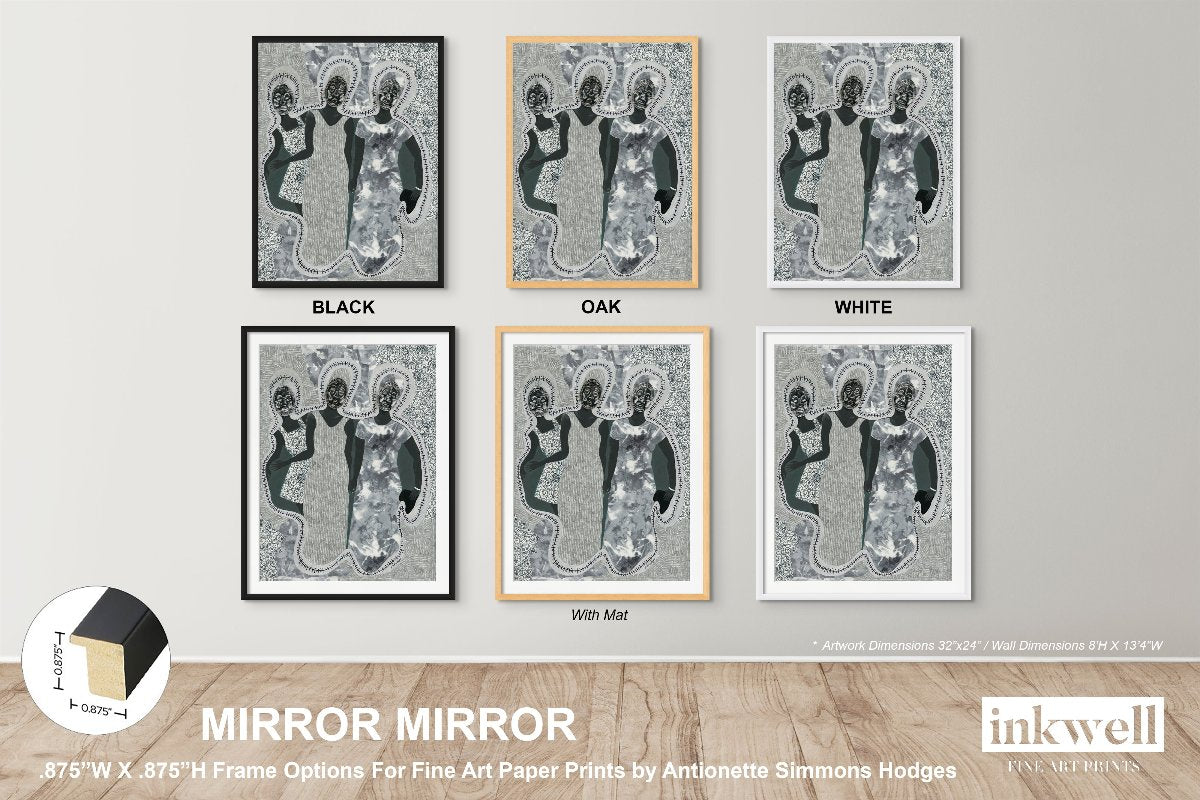 Mirror Mirror' art print: Three elongated female silhouettes with embossed metal gift tags as faces, positioned against a patterned gray and white background with decorative borders, representing themes of self-reflection and identity. shows black, oak, white frame options 