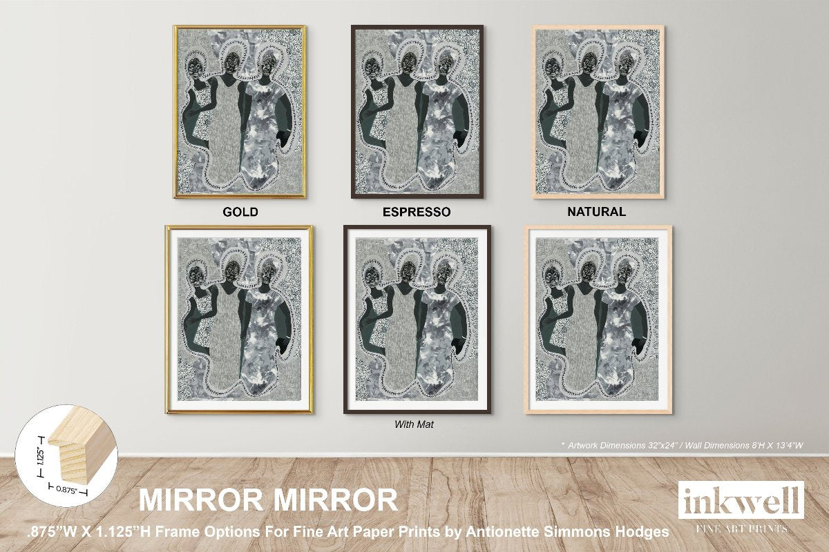 Mirror Mirror' art print: Three elongated female silhouettes with embossed metal gift tags as faces, positioned against a patterned gray and white background with decorative borders, representing themes of self-reflection and identity. shown in gold, espresso, natural colored wood frames