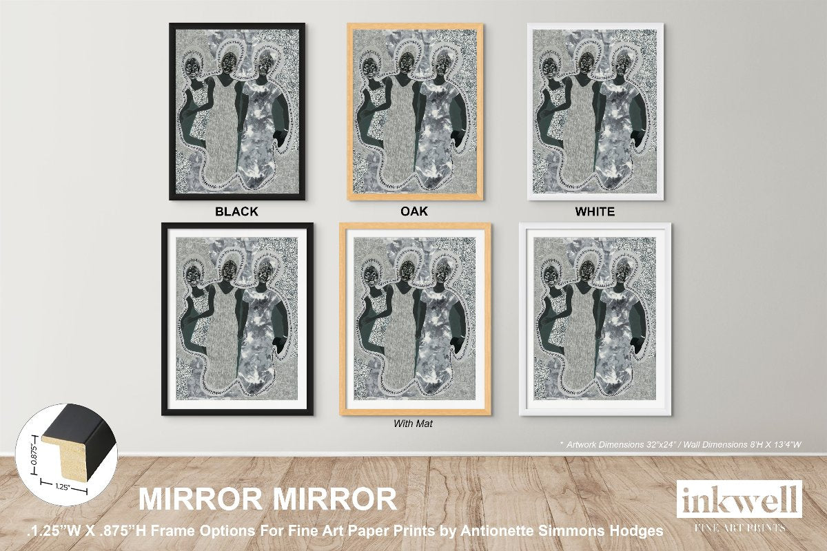 Mirror Mirror' art print: Three elongated female silhouettes with embossed metal gift tags as faces, positioned against a patterned gray and white background with decorative borders, representing themes of self-reflection and identity. shown in black, oak, white  frames