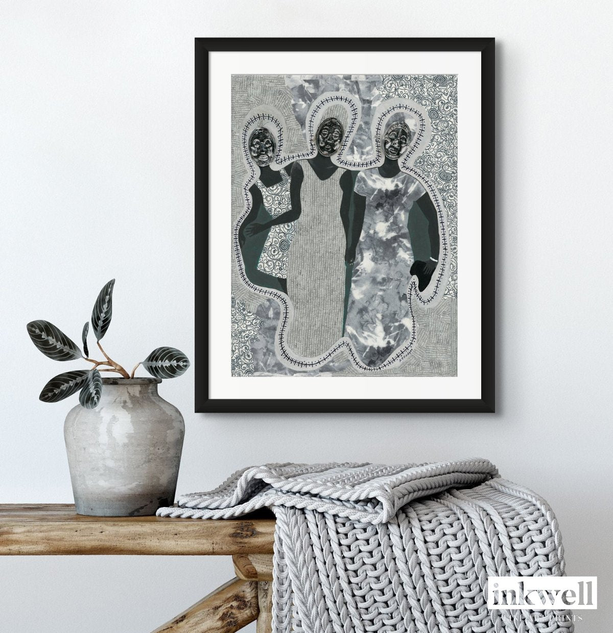 Mirror Mirror' art print: Three elongated female silhouettes with embossed metal gift tags as faces, positioned against a patterned gray and white background with decorative borders, representing themes of self-reflection and identity. shown in black frame