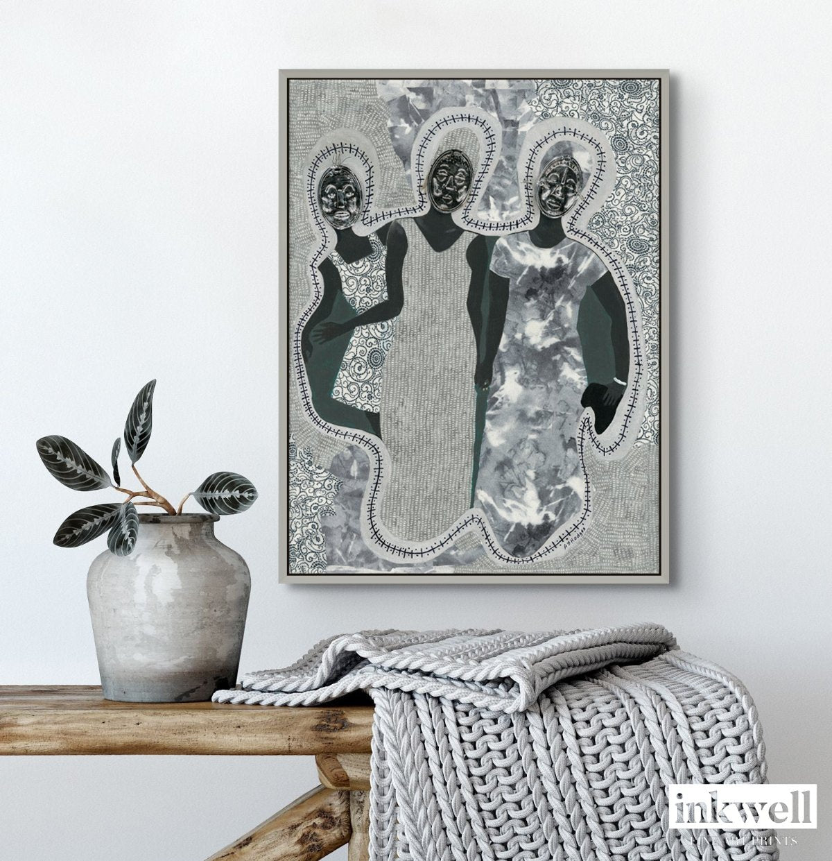 Mirror Mirror' art print: Three elongated female silhouettes with embossed metal gift tags as faces, positioned against a patterned gray and white background with decorative borders, representing themes of self-reflection and identity. shown in silver frame