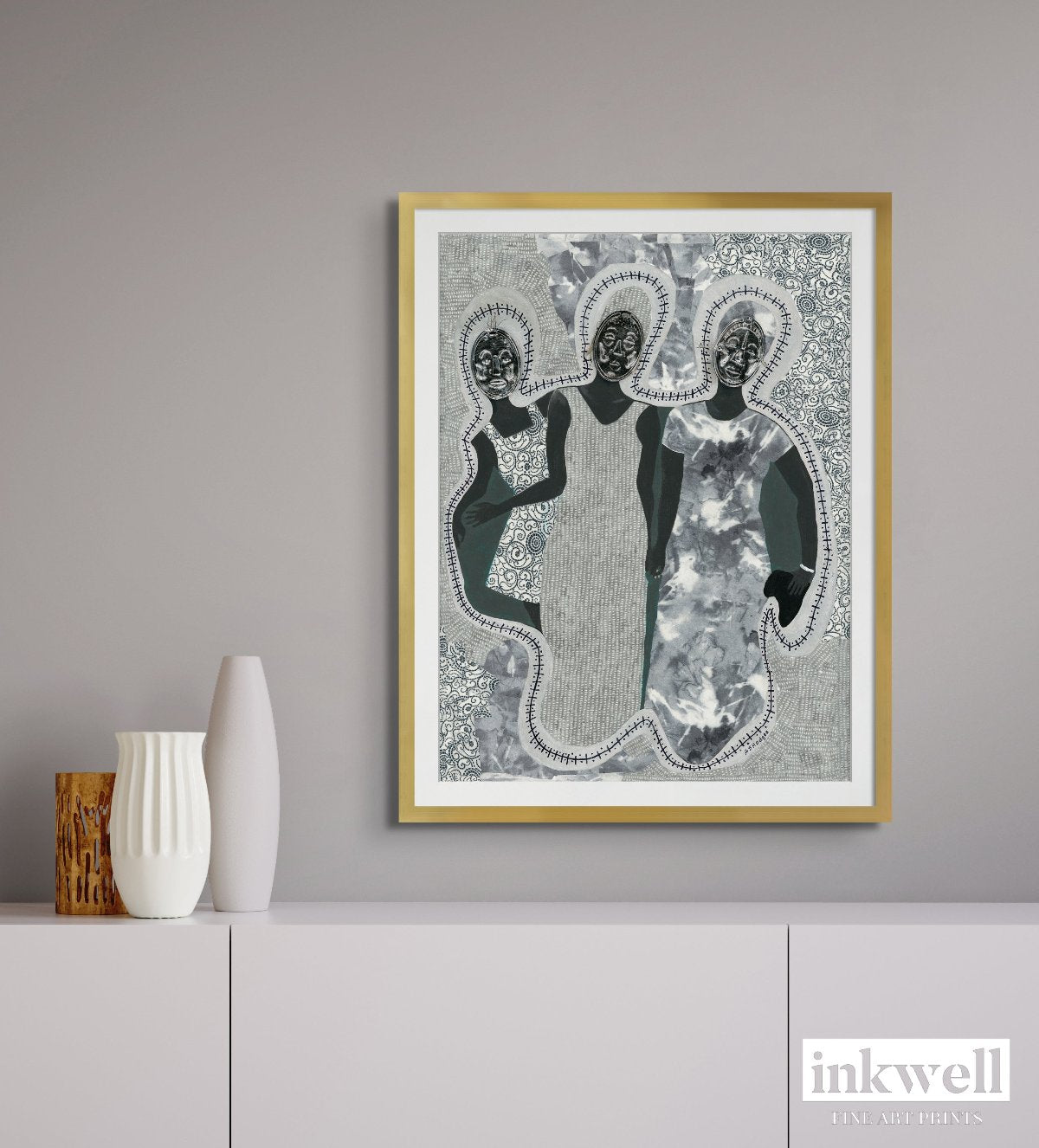 Mirror Mirror' art print: Three elongated female silhouettes with embossed metal gift tags as faces, positioned against a patterned gray and white background with decorative borders, representing themes of self-reflection and identity. shown in gold wood frame