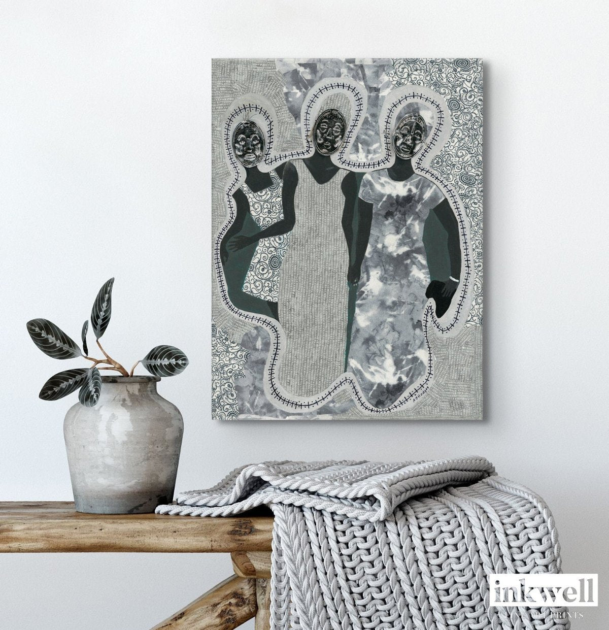 Mirror Mirror' art print: Three elongated female silhouettes with embossed metal gift tags as faces, positioned against a patterned gray and white background with decorative borders, representing themes of self-reflection and identity.