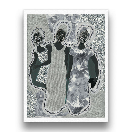 Black art print 'Mirror Mirror' by Antionette Simmons Hodges. A mixed media collage featuring three elongated female figures with embossed metal faces, symbolizing self-reflection and cultural identity against a patterned background.