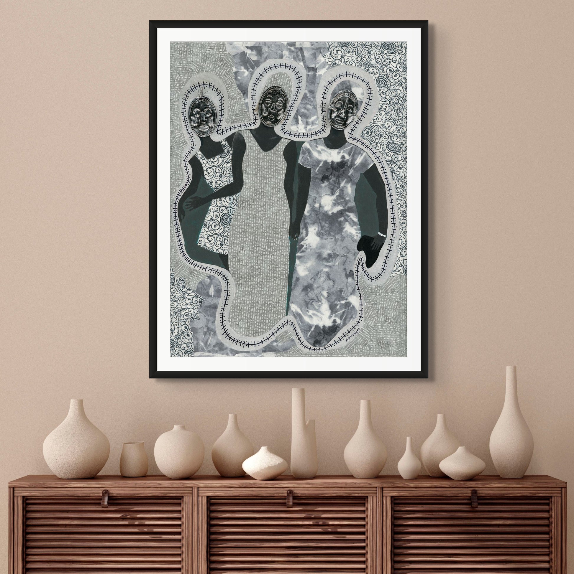 African American Art Print Mirror Mirror shows 3 african woman with mask like faces