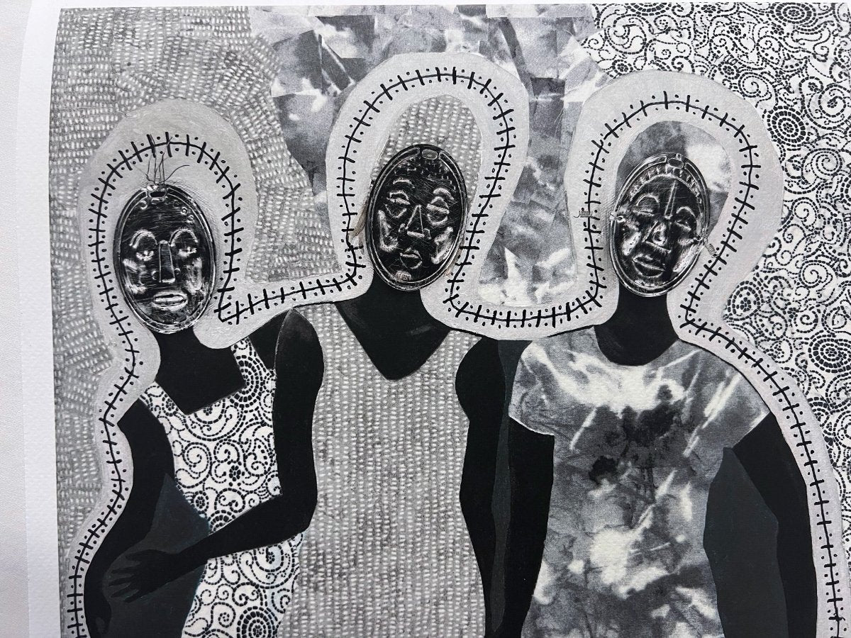 African American art print 'Mirror Mirror' by Antionette Simmons Hodges on Gray Fabric,  Detail depicts 3 woman with Afrocentric faces