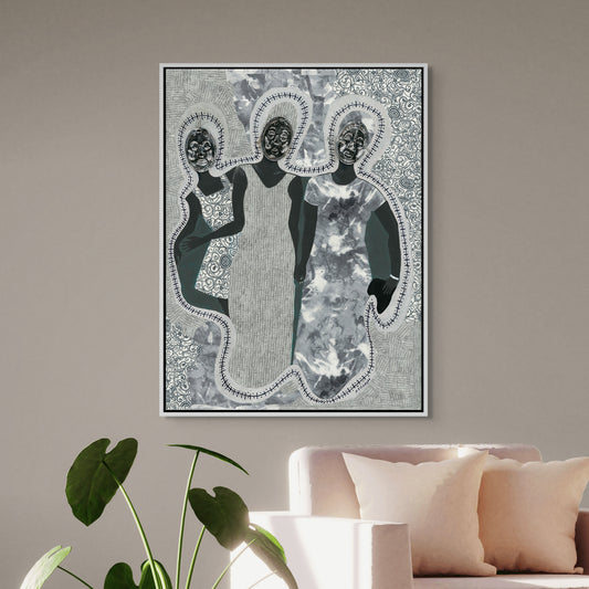 Black art print  Mirror Mirror framed canvas print by Antionette Simmons Hodges. Features three elongated female figures with metallic faces, adorned with swirling motifs, against a patterned background. Celebrates cultural identity and self-reflection.