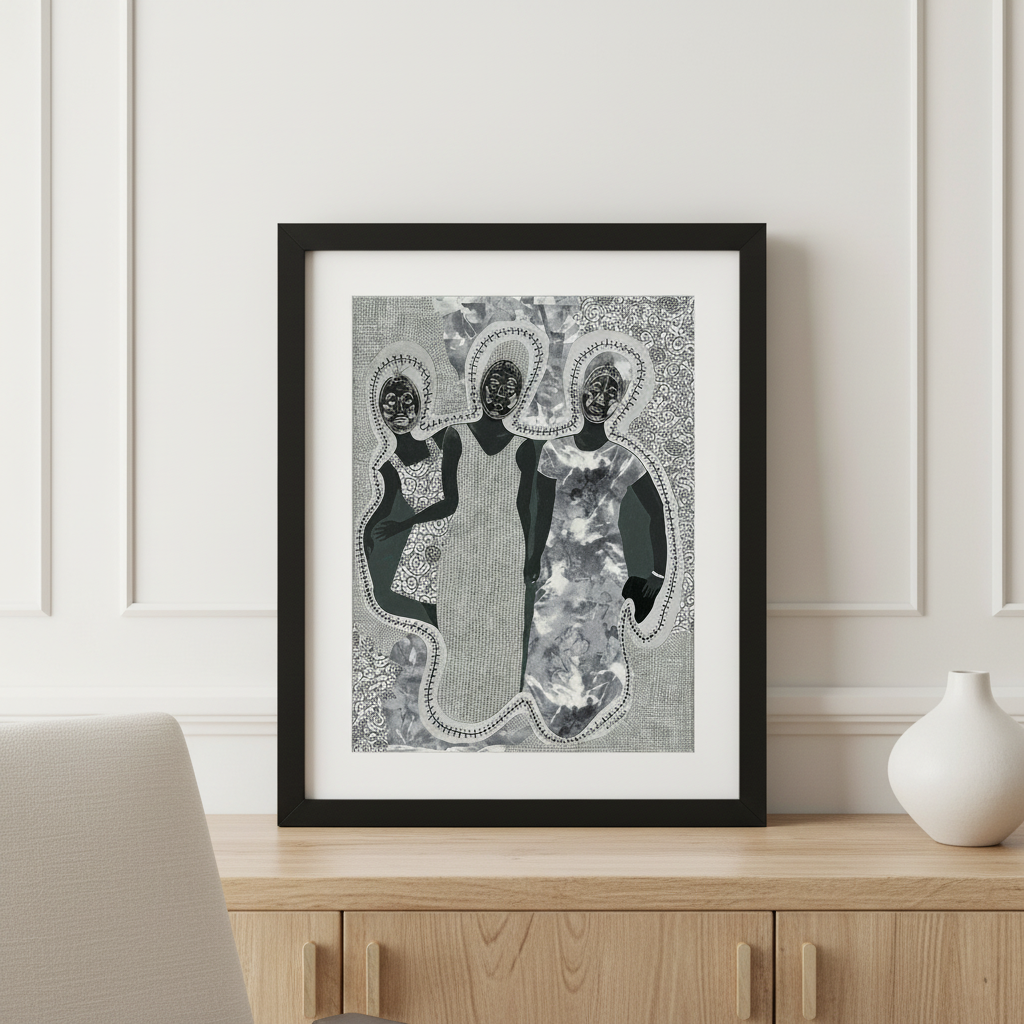 Mirror Mirror framed giclee print credenza close-up — Black diaspora ancestral mask art
