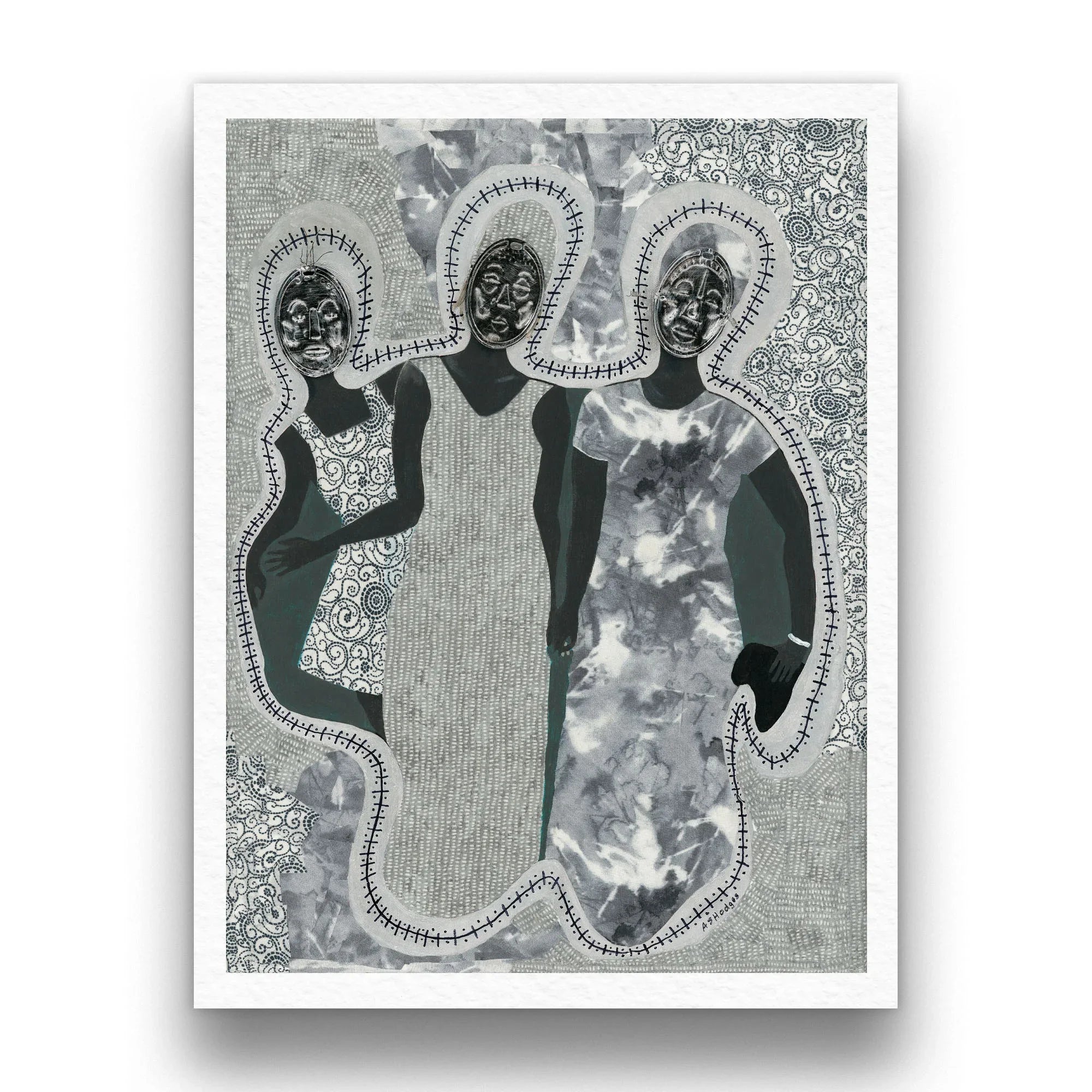 Mirror Mirror framed giclee print — full artwork, Black diaspora ancestral mask art by Antionette Simmons Hodges