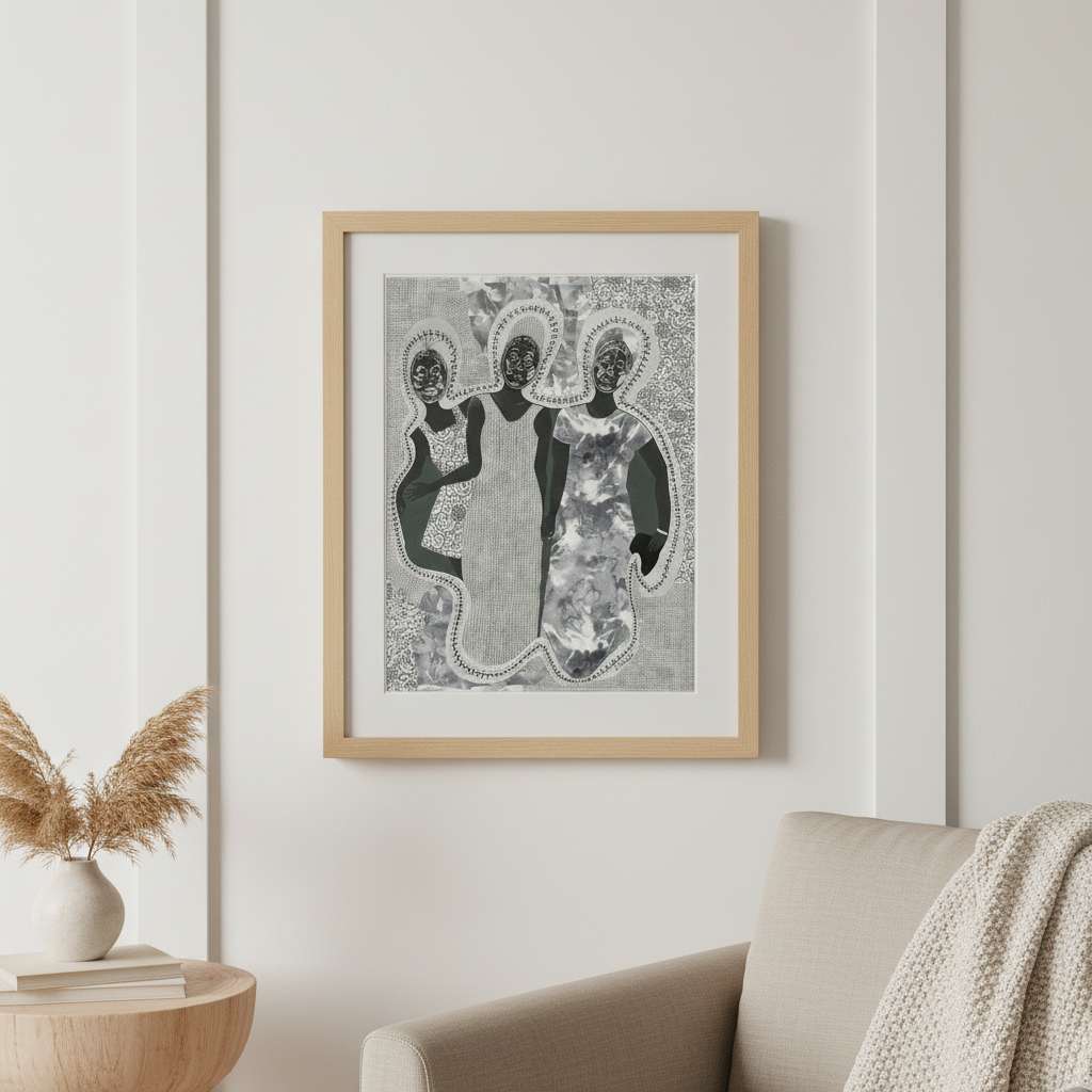 Mirror Mirror framed giclee print on minimalist wall with armchair and pampas grass — Black diaspora art