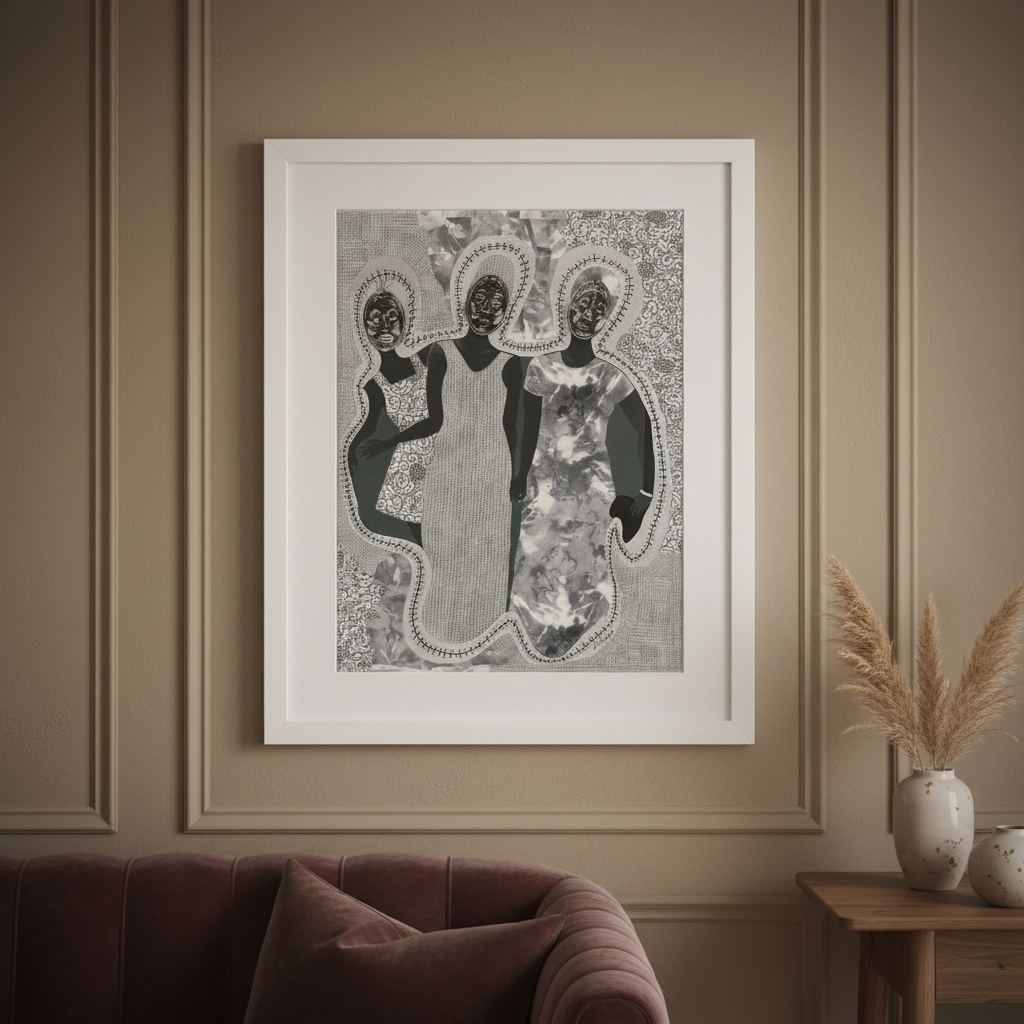 Mirror Mirror framed giclee print styled in polaroid-frame closeup — Black diaspora ancestral mask art