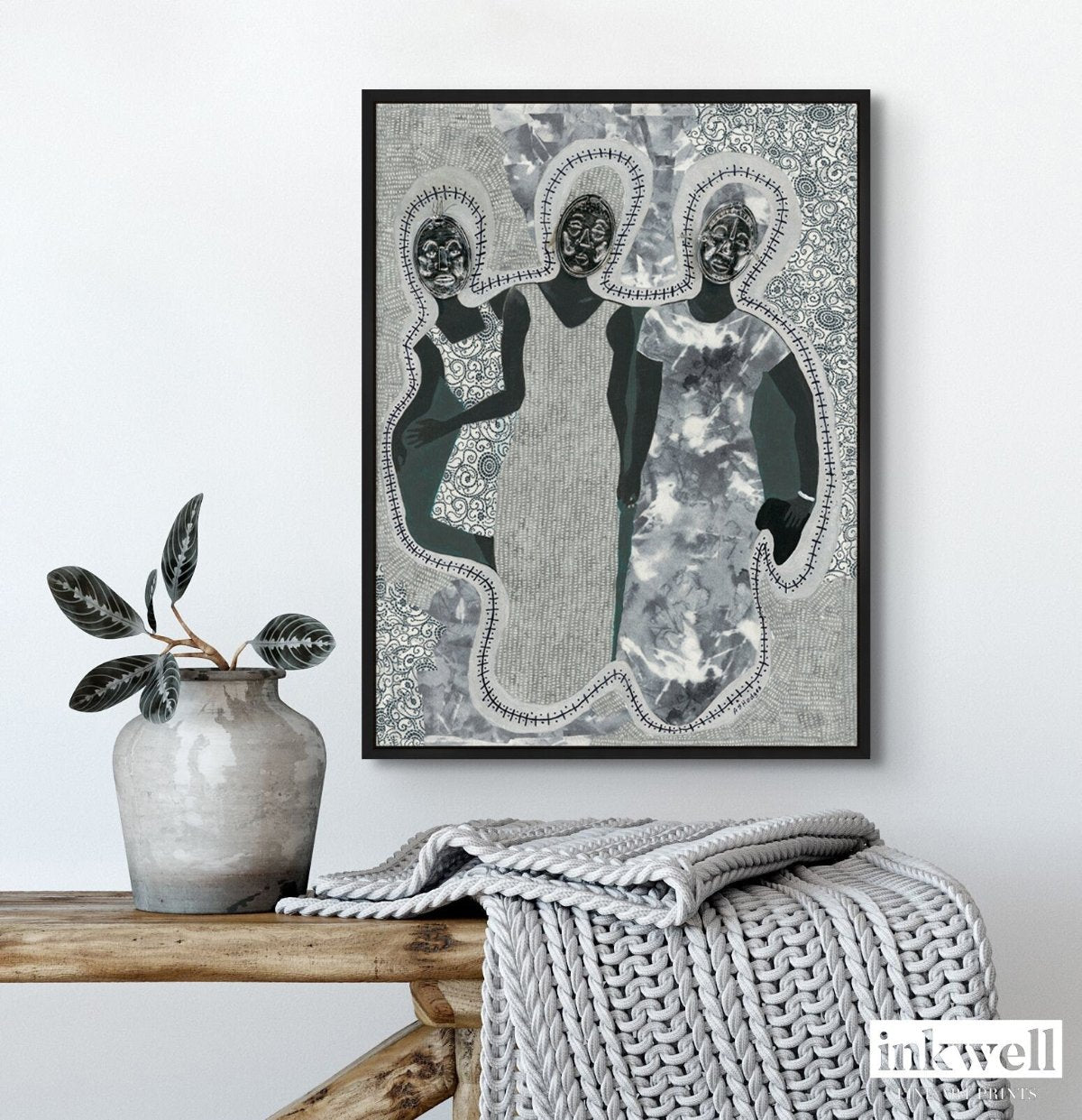 Mirror Mirror Framed Stretched Canvas Print Mirror Mirror' art print: Three elongated female silhouettes with embossed metal gift tags as faces, positioned against a patterned gray and white background with decorative borders, representing themes of self-reflection and identity.