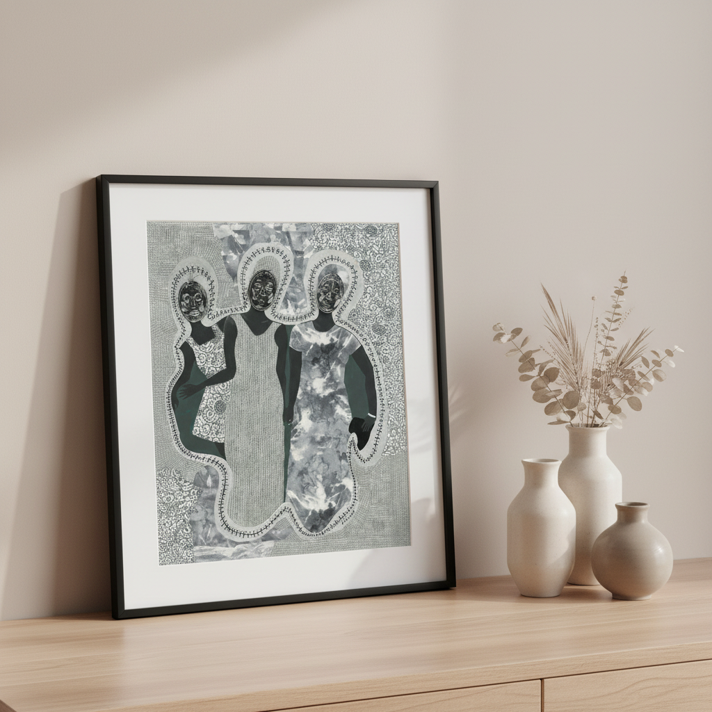 Mirror Mirror giclee print in black frame on a wooden surface with vases — Black diaspora art