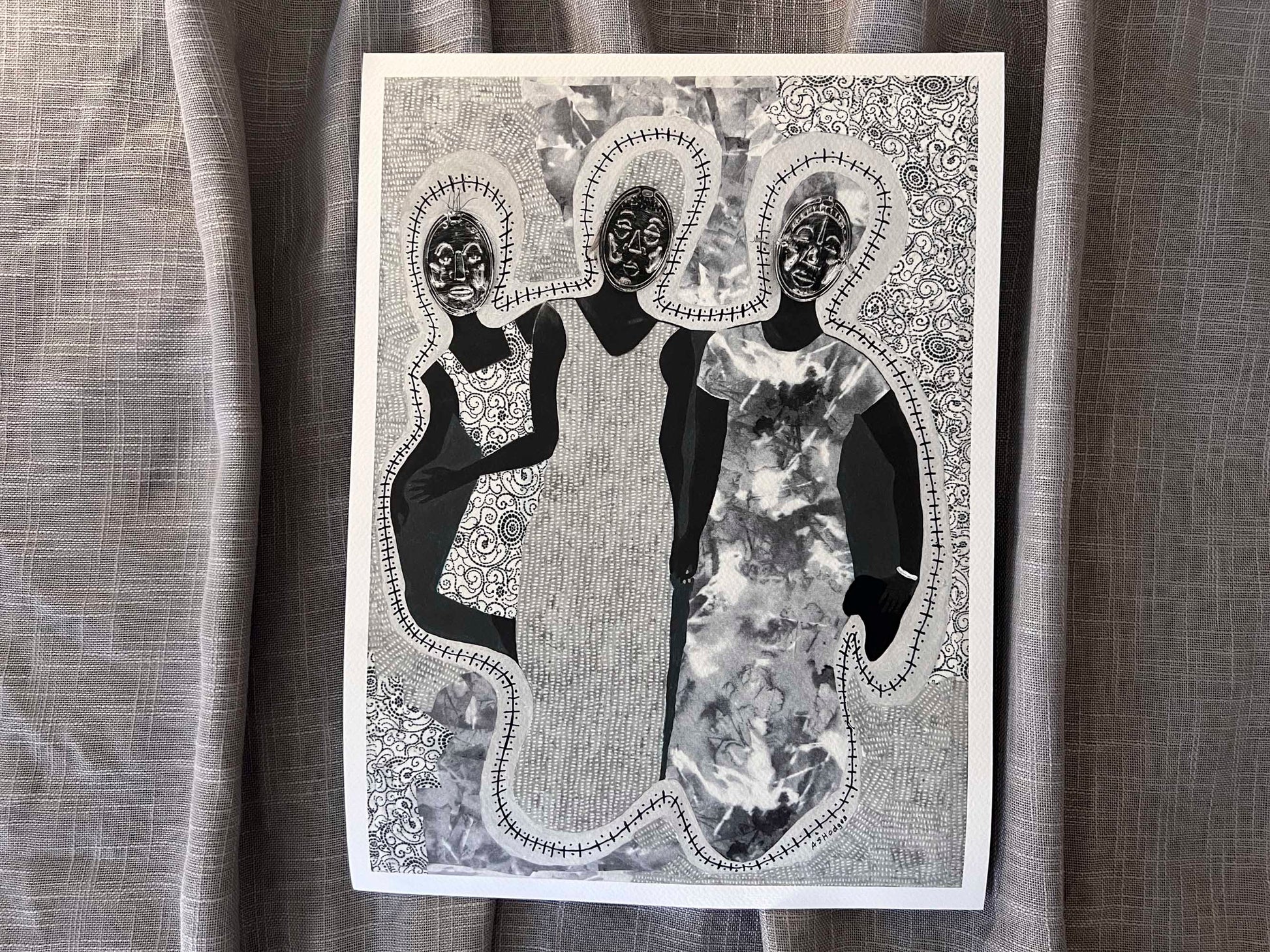 African American art print 'Mirror Mirror' by Antionette Simmons Hodges on Gray Fabric,  depicts 3 woman with Afrocentric faces