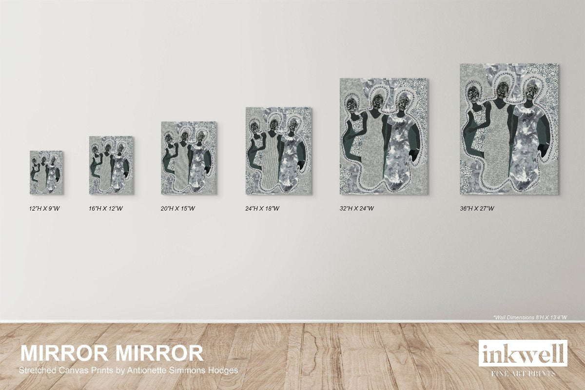 Mirror Mirror' art print: Three elongated female silhouettes with embossed metal gift tags as faces, positioned against a patterned gray and white background with decorative borders, representing themes of self-reflection and identity.