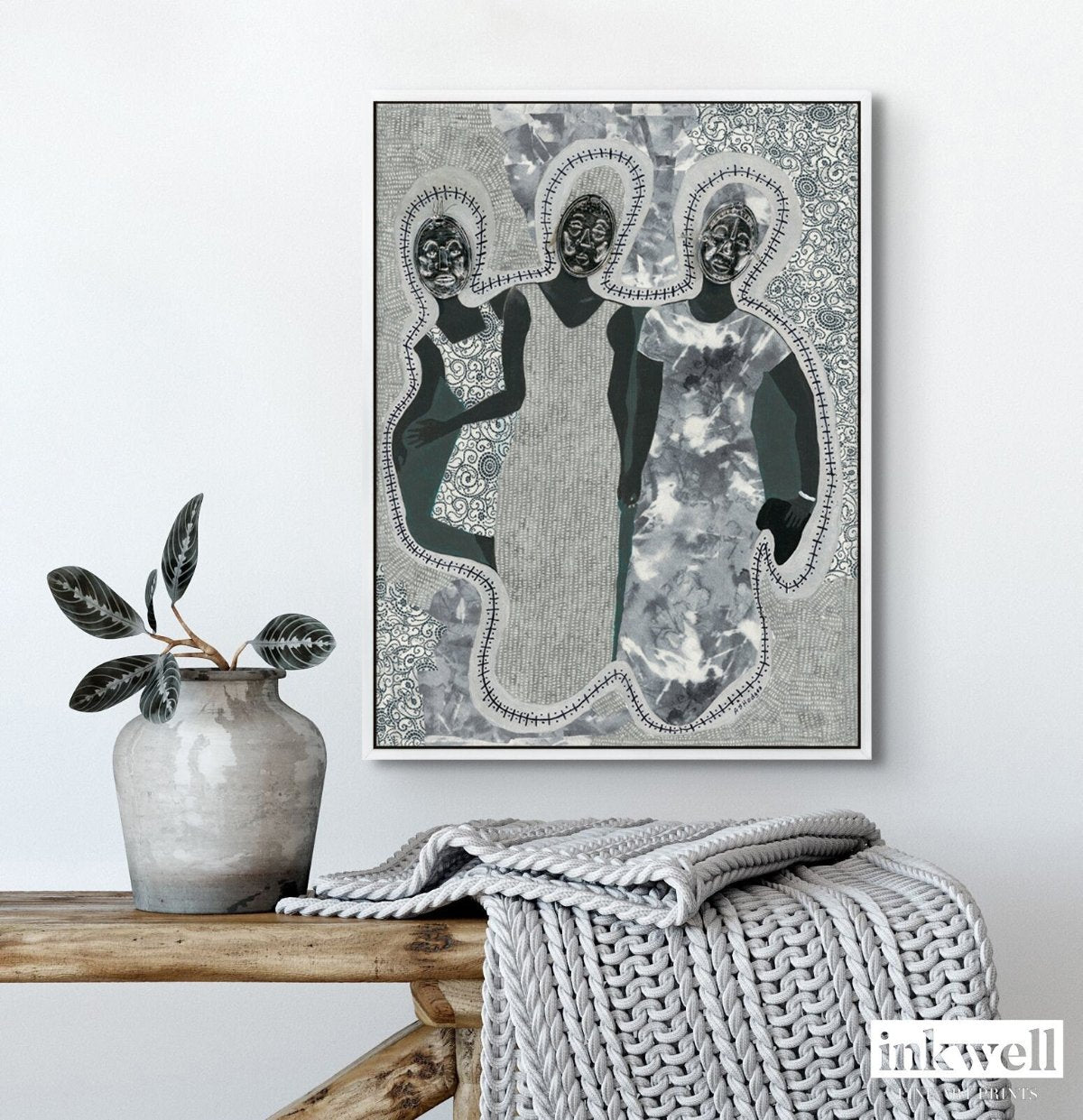 Mirror Mirror Framed Stretched Canvas Print Mirror Mirror' art print: Three elongated female silhouettes with embossed metal gift tags as faces, positioned against a patterned gray and white background with decorative borders, representing themes of self-reflection and identity. shown in white-frame