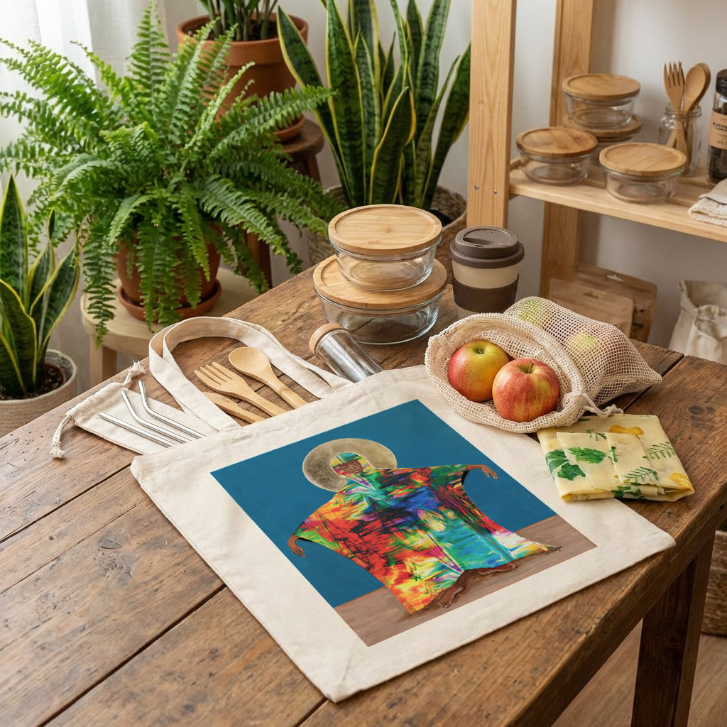 Mother Earth Art Tote Bag angled product view showing earth tone spiritual Afrocentric artwork
