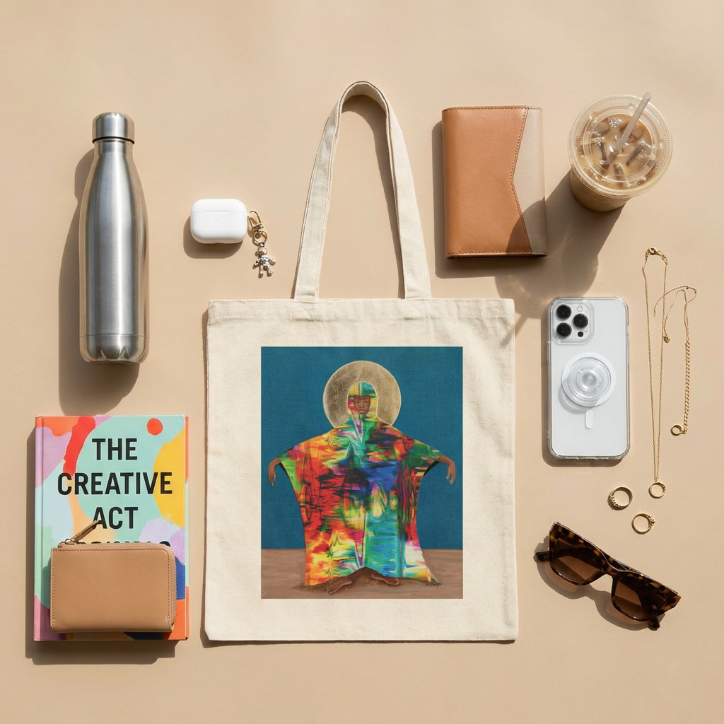 Close-up of Mother Earth Afrofuturist art tote bag showing divine feminine design detail