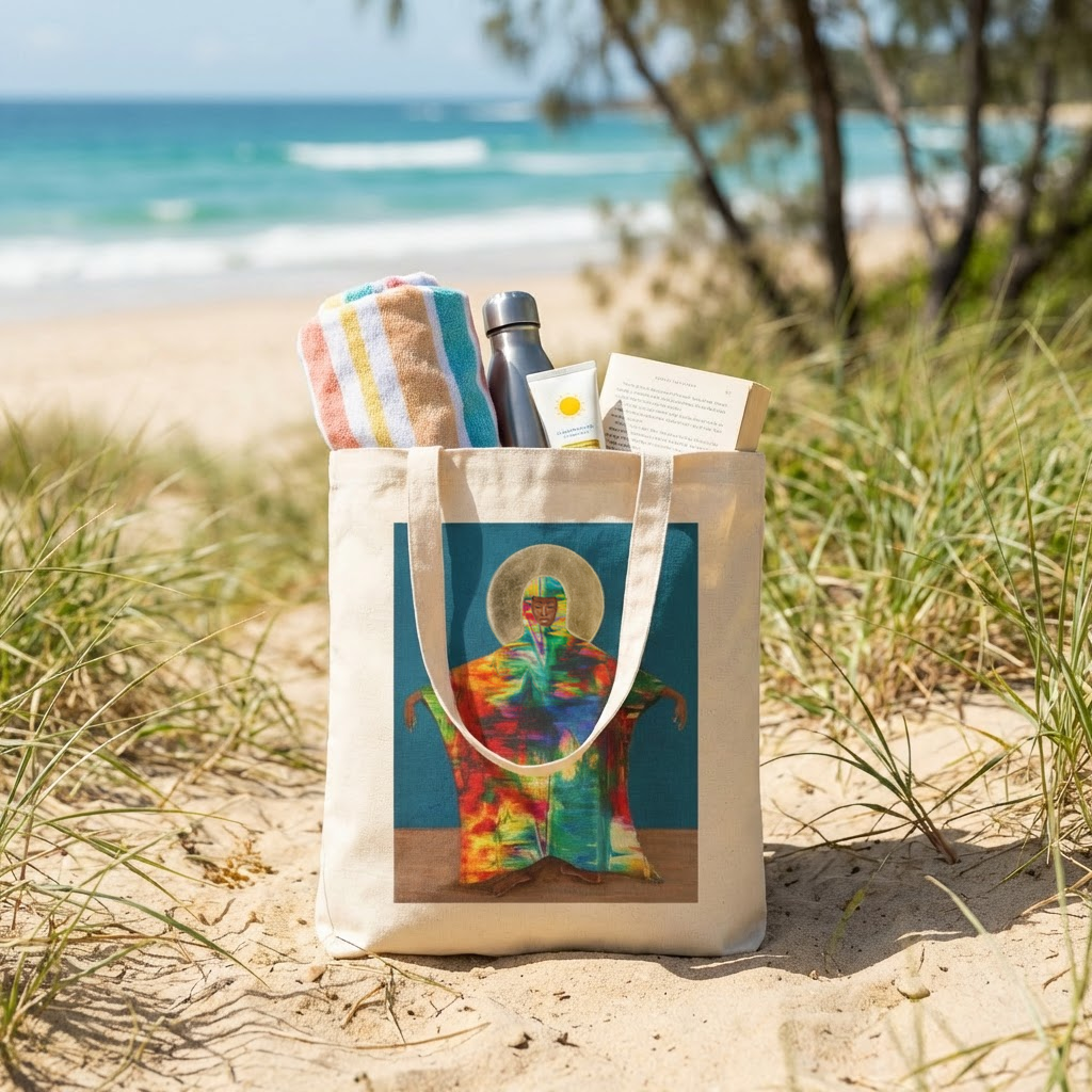 Mother Earth Art Tote Bag front view — Afrofuturist Divine Feminine design by Black artist on cotton canvas