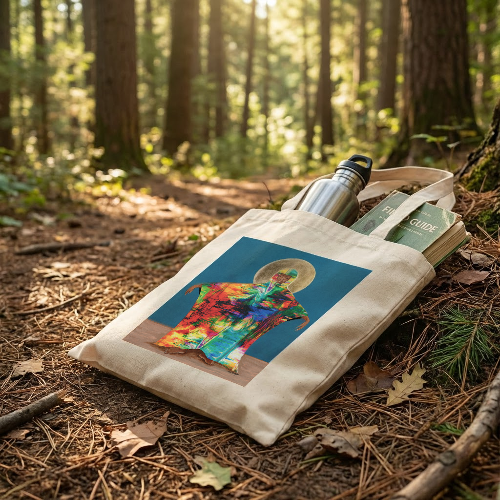 Lifestyle shot of Mother Earth Art Tote Bag — Afrocentric divine feminine design on cotton canvas