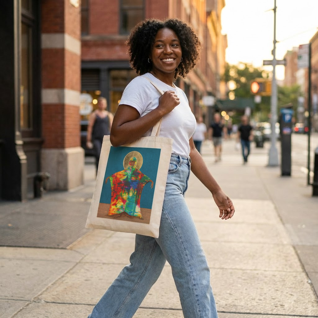 Model carrying Mother Earth spiritual art tote bag by African American artist Antionette Simmons Hodges